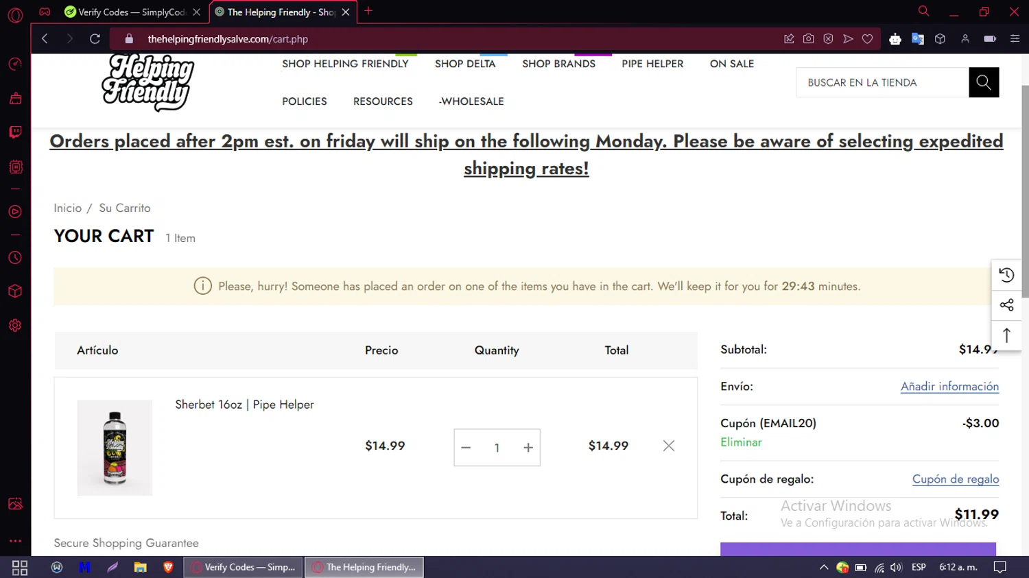 The Helping Friendly Salve checkout page showing The Helping Friendly Salve promo code box | Screenshot taken by SimplyCodes community member on Dec 25, 2024