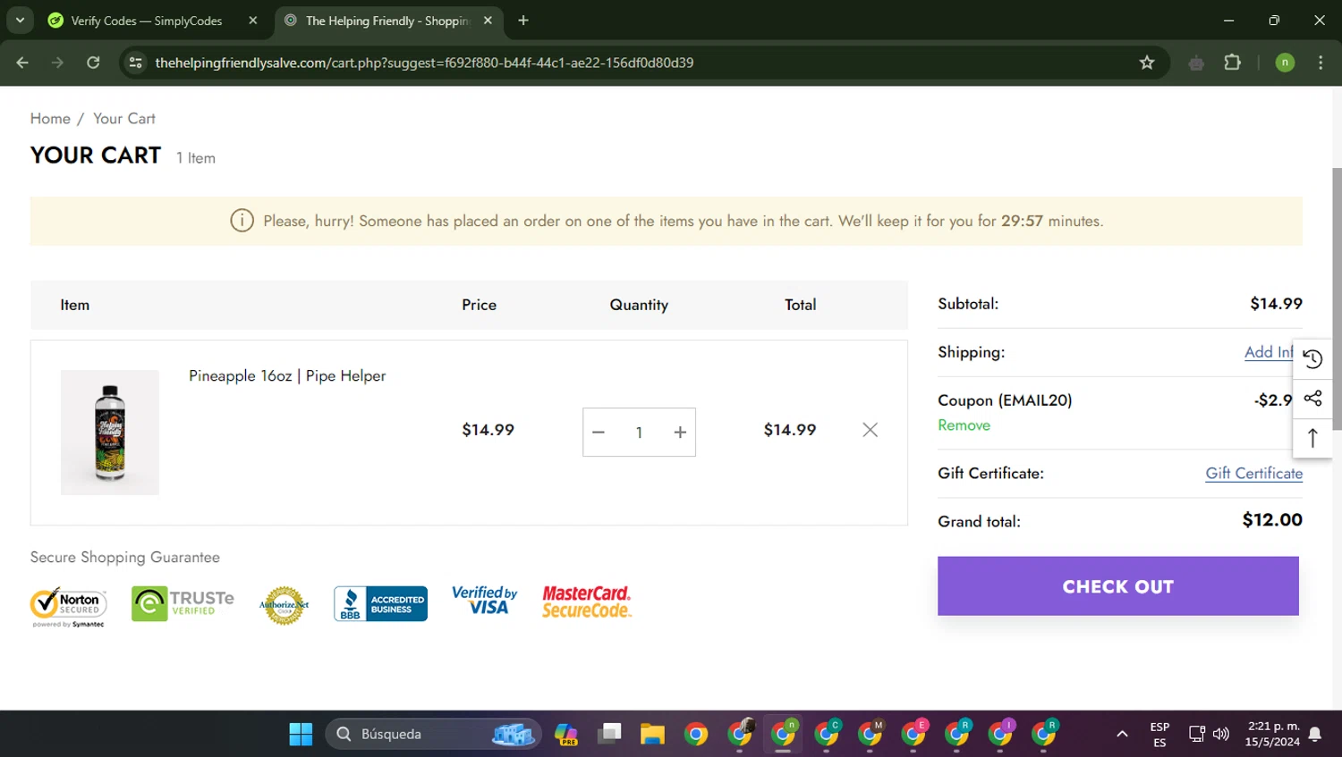 The Helping Friendly Salve checkout page showing The Helping Friendly Salve promo code box | Screenshot taken by SimplyCodes community member on May 15, 2024