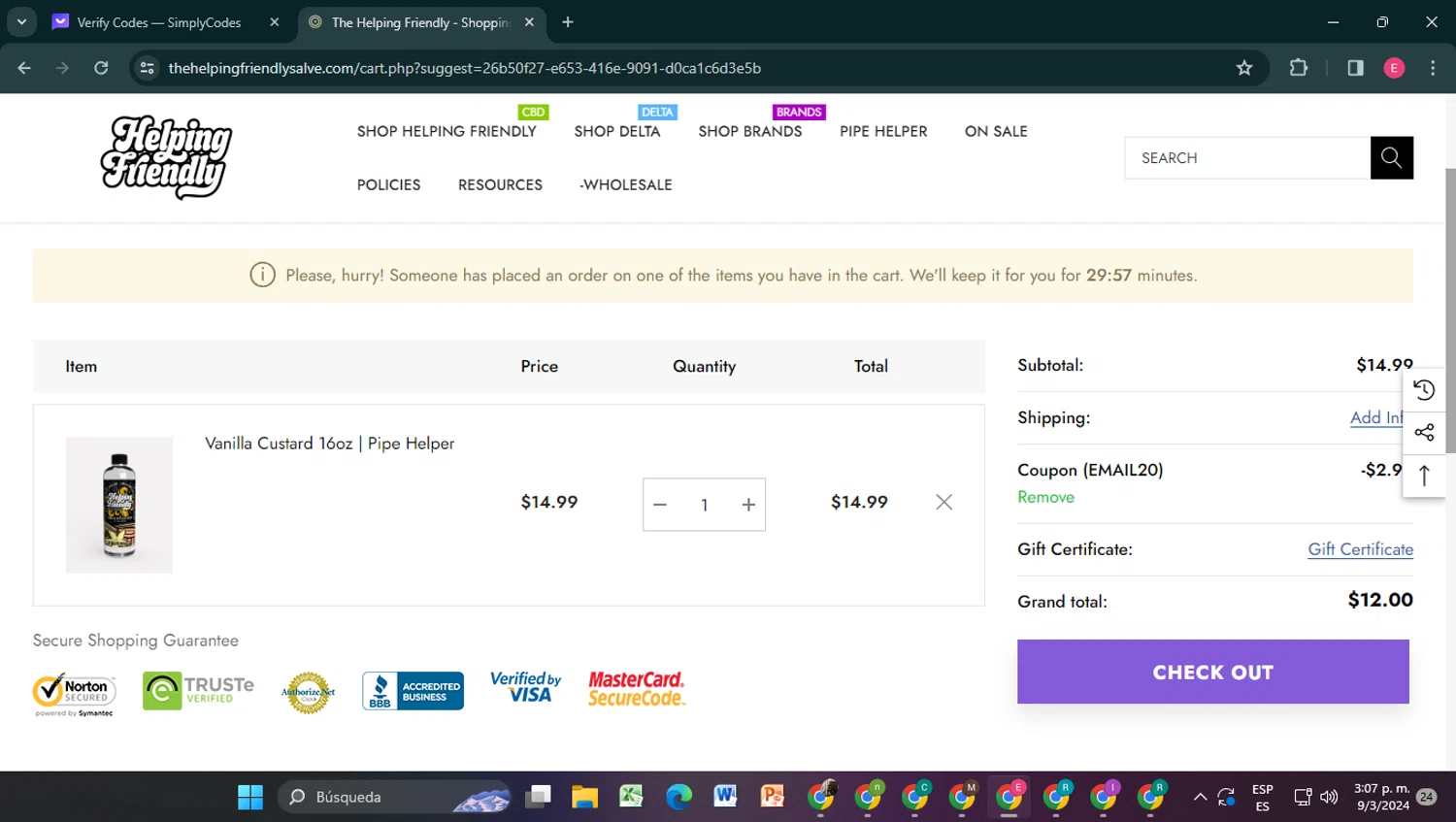 The Helping Friendly Salve checkout page showing The Helping Friendly Salve promo code box | Screenshot taken by SimplyCodes community member on Mar 9, 2024