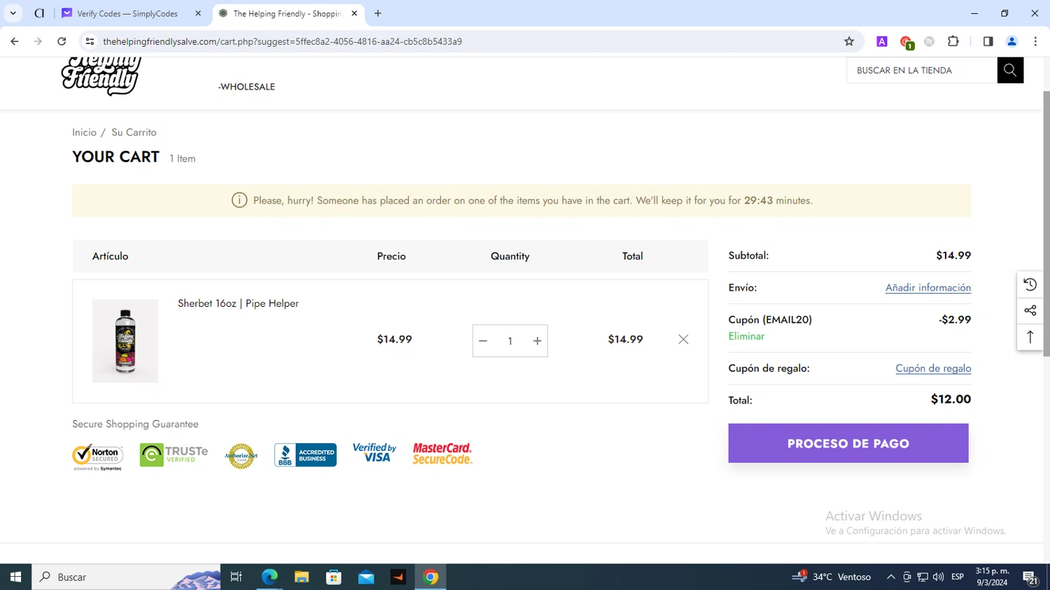 The Helping Friendly Salve checkout page showing The Helping Friendly Salve promo code box | Screenshot taken by SimplyCodes community member on Mar 9, 2024