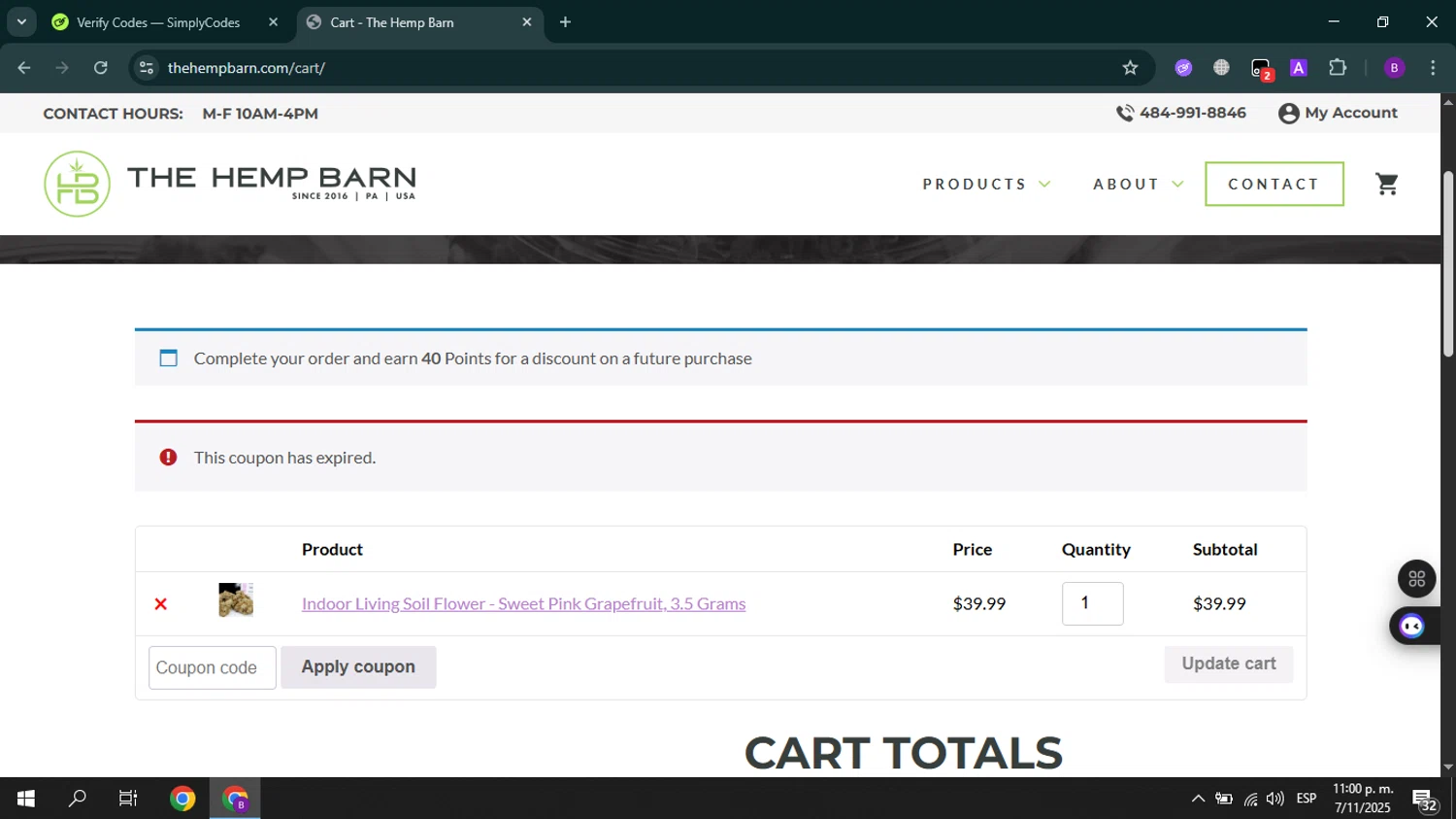 The Hemp Barn discount code screenshot showing code SPOOKY applied at The Hemp Barn checkout page. Uploaded by SimplyCodes community member GoldCurator7936 on Nov 8, 2025