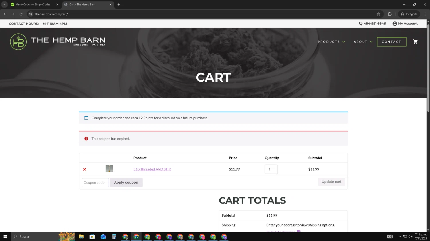The Hemp Barn discount code screenshot showing code SPOOKY applied at The Hemp Barn checkout page. Uploaded by SimplyCodes community member HAOJIN on Nov 8, 2025