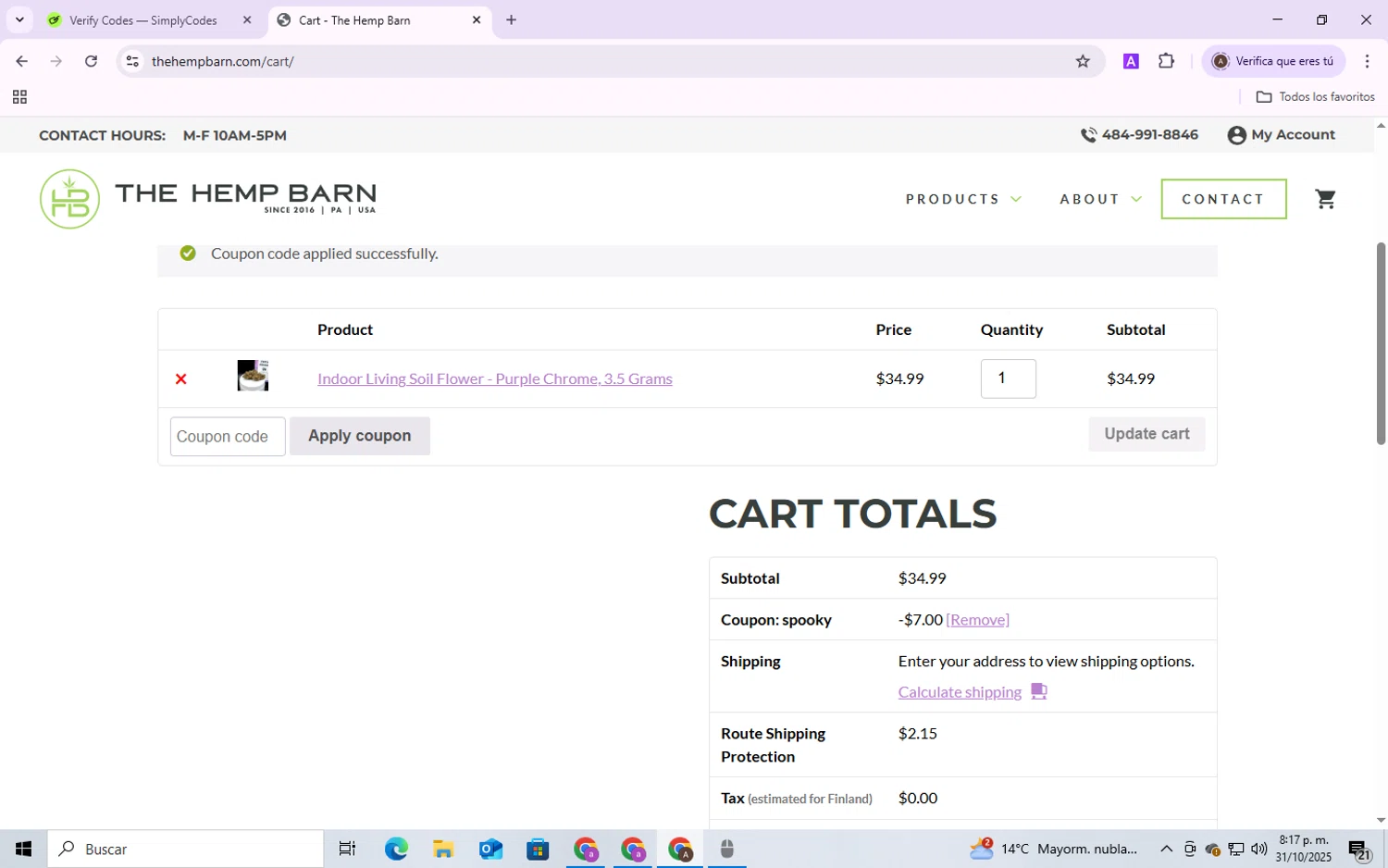 The Hemp Barn checkout page showing The Hemp Barn discount code box | Screenshot taken by SimplyCodes community member on Oct 31, 2025