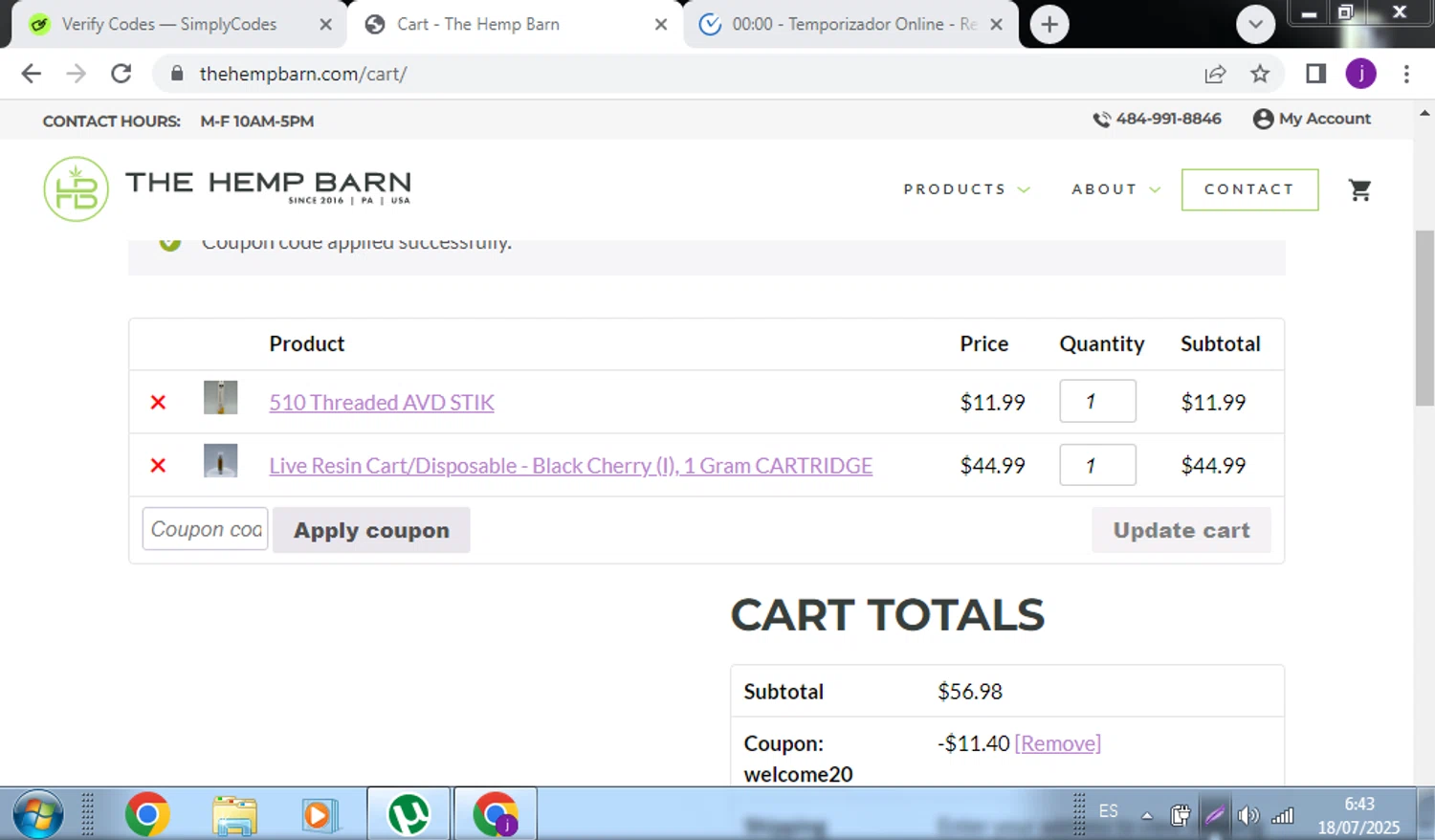 The Hemp Barn discount code screenshot showing code WELCOME20 applied at The Hemp Barn checkout page. Uploaded by SimplyCodes community member QuestScholar4095 on Jul 18, 2025