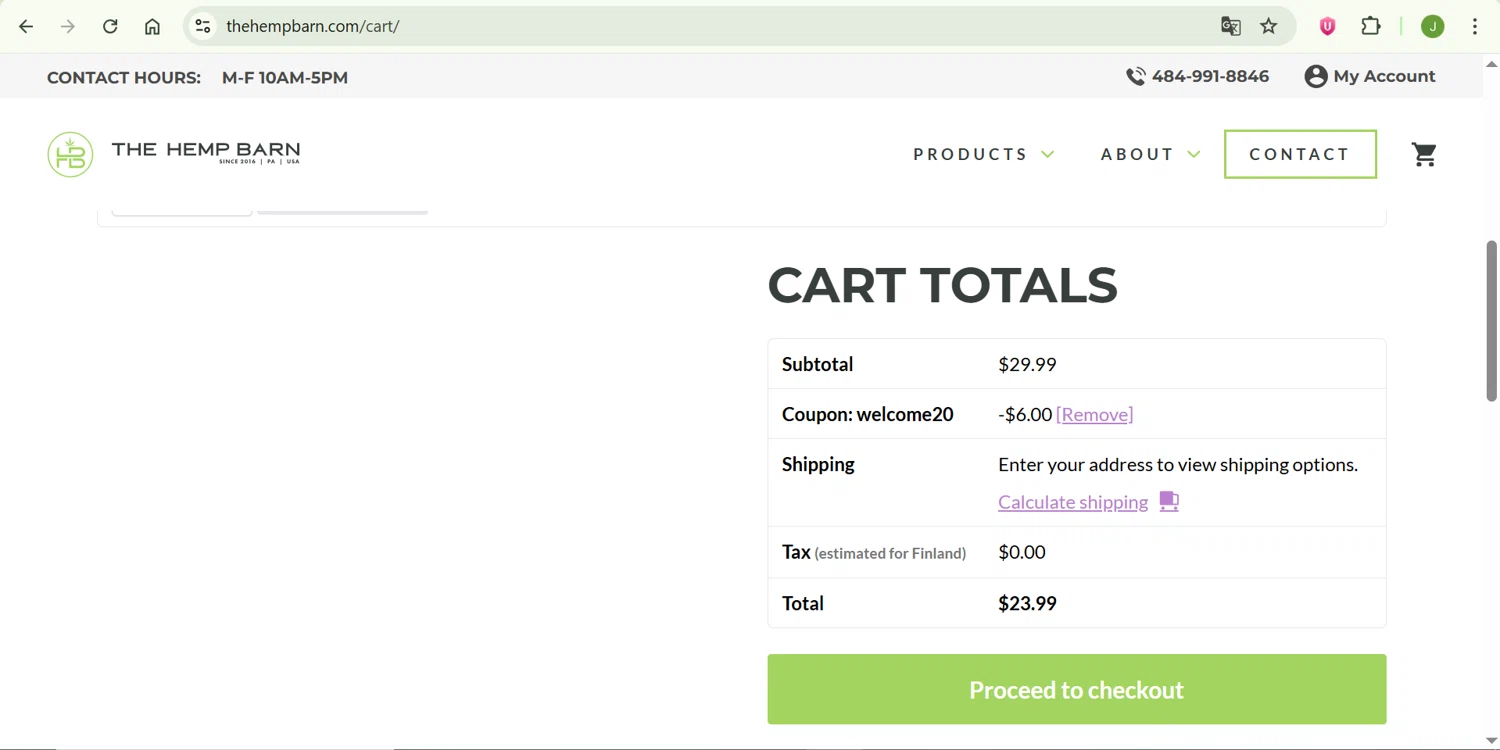 The Hemp Barn discount code screenshot showing code WELCOME20 applied at The Hemp Barn checkout page. Uploaded by SimplyCodes community member ShrewdChaser7973 on Jun 22, 2025