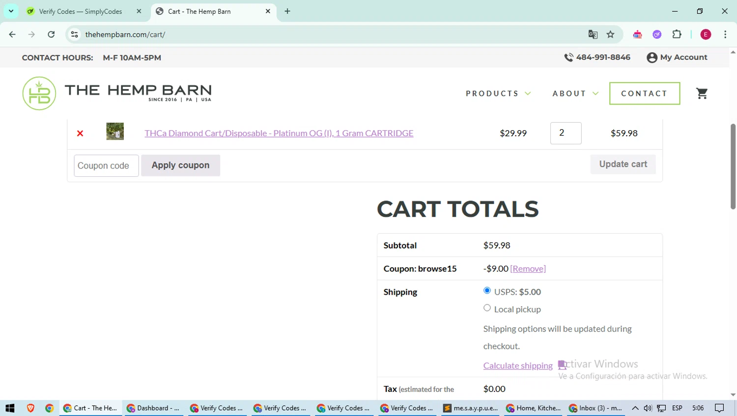 The Hemp Barn discount code screenshot showing code BROWSE15 applied at The Hemp Barn checkout page. Uploaded by SimplyCodes community member BrilliantWhiz4434 on May 25, 2025