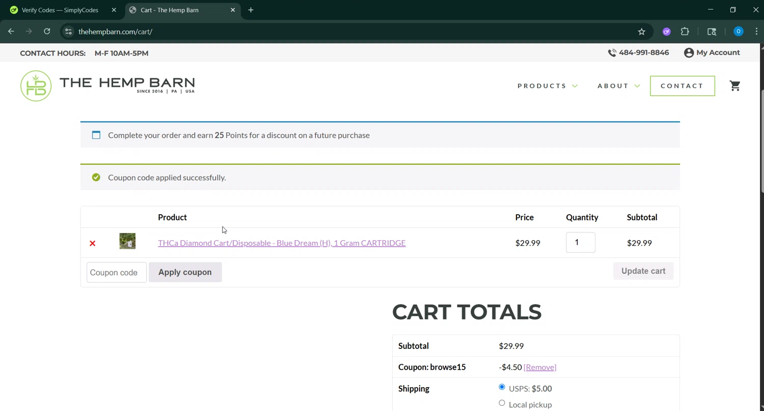 The Hemp Barn discount code screenshot showing code BROWSE15 applied at The Hemp Barn checkout page. Uploaded by SimplyCodes community member GoldAdmiral5202 on Jun 15, 2025