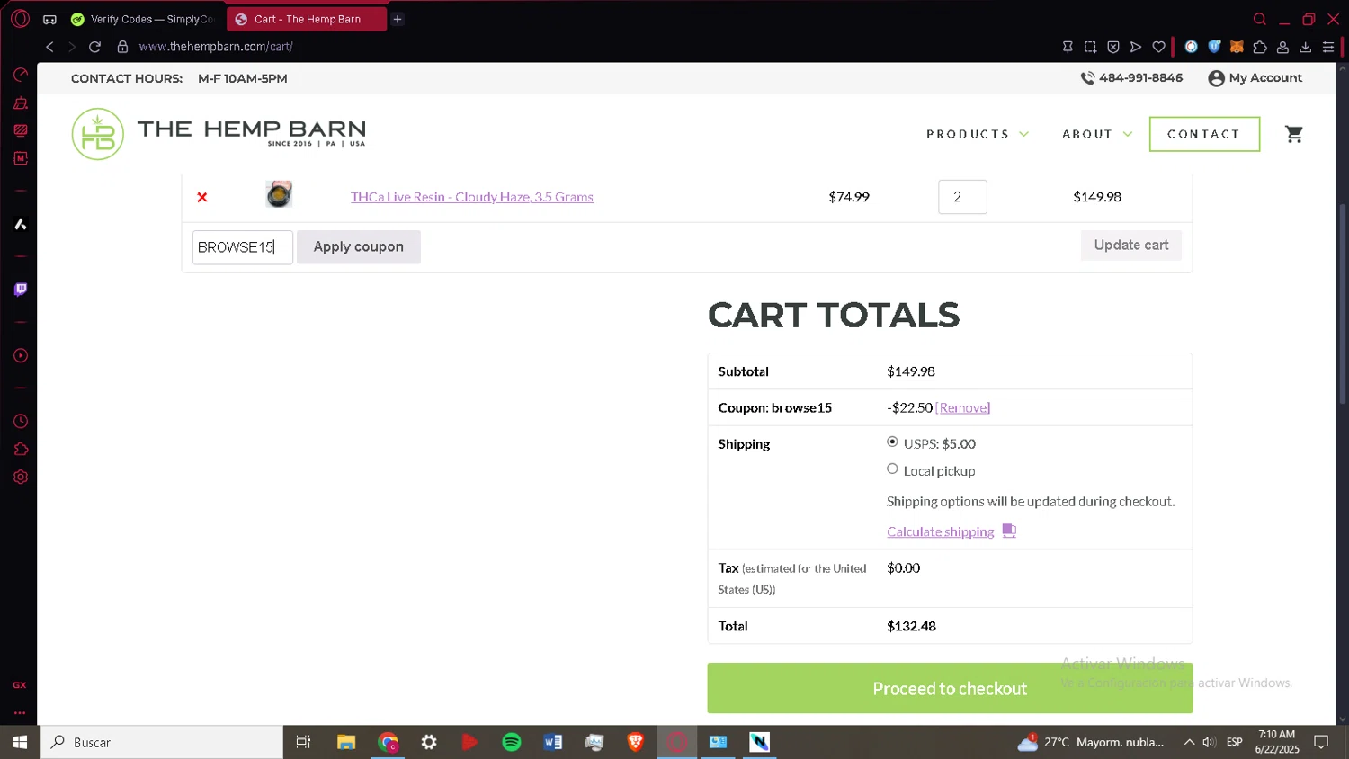 The Hemp Barn discount code screenshot showing code BROWSE15 applied at The Hemp Barn checkout page. Uploaded by SimplyCodes community member ACIDOSULFURICO on Jun 22, 2025
