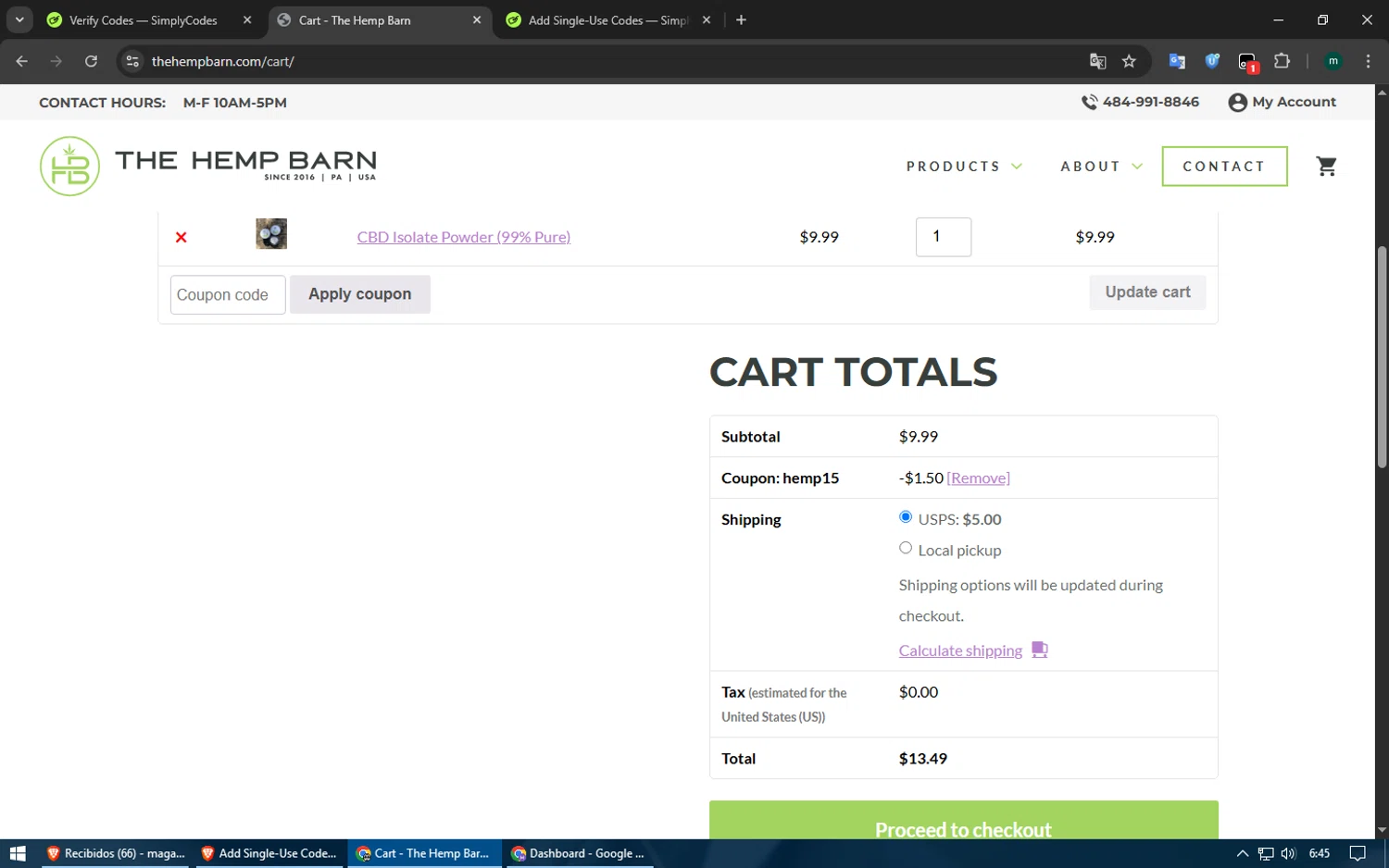 The Hemp Barn discount code screenshot showing code hemp15 applied at The Hemp Barn checkout page. Uploaded by SimplyCodes community member Voucher200 on Jun 15, 2025