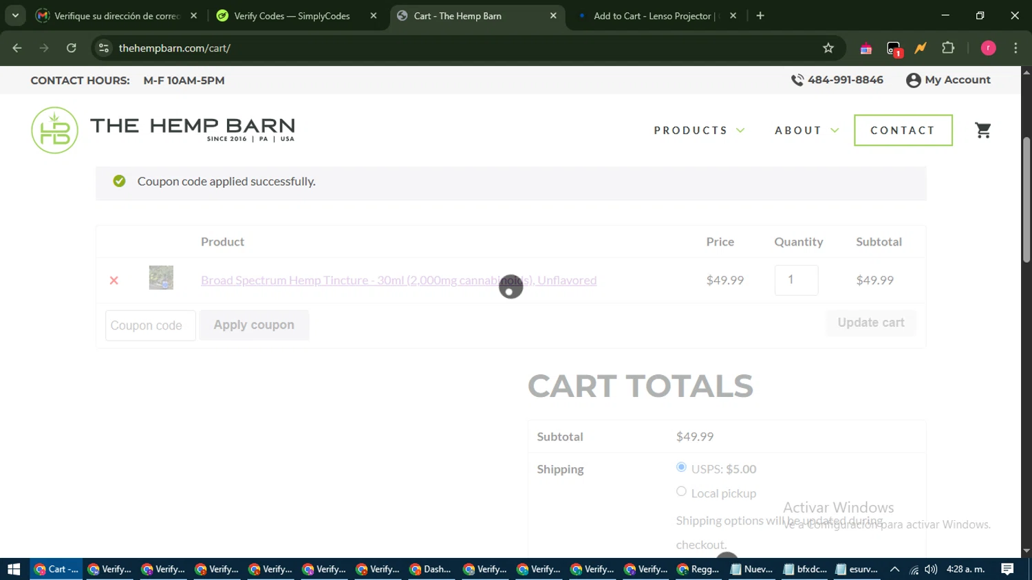The Hemp Barn discount code screenshot showing code hemp15 applied at The Hemp Barn checkout page. Uploaded by SimplyCodes community member WisePro3739 on May 11, 2025