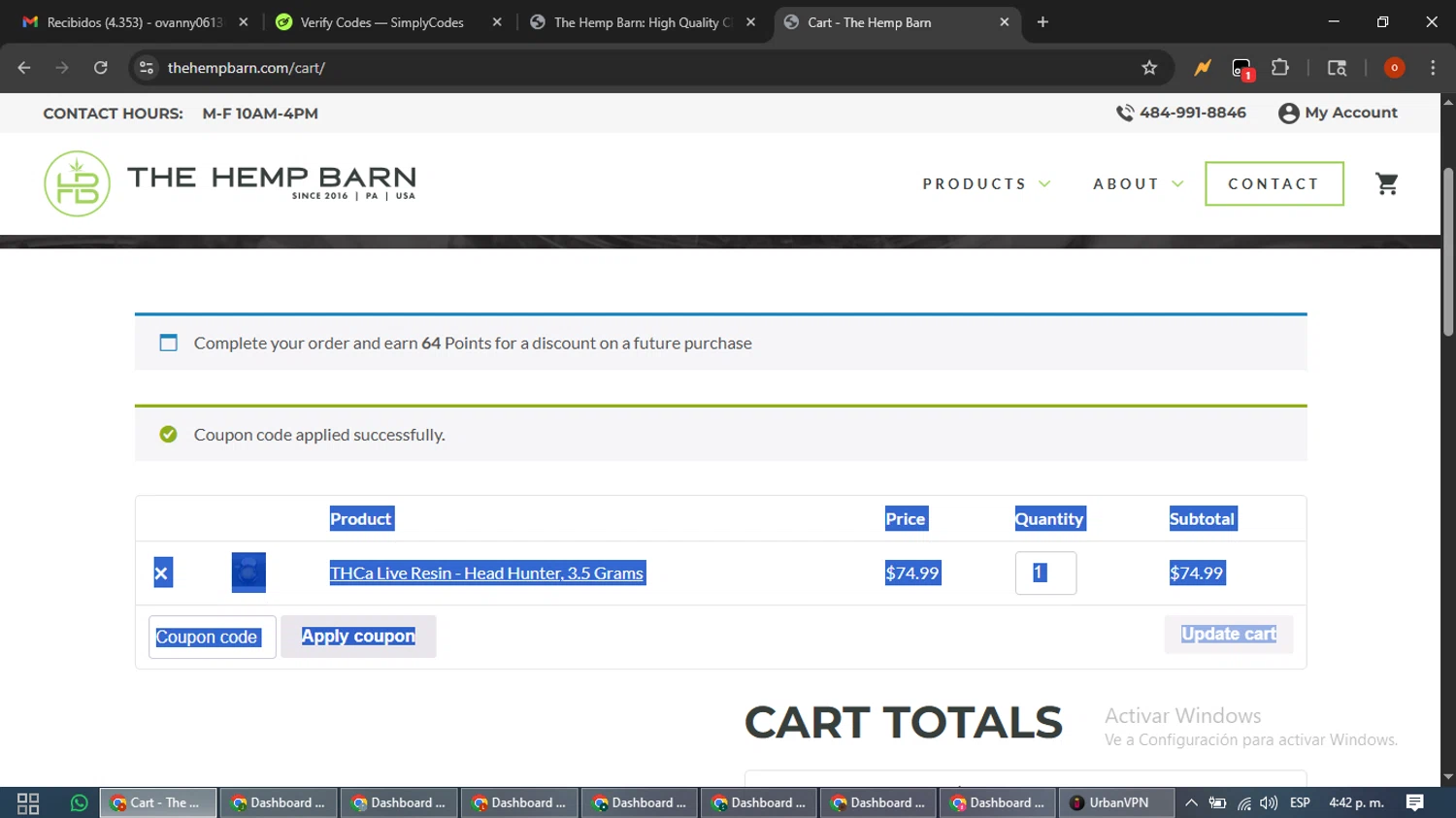 The Hemp Barn checkout page showing The Hemp Barn discount code box | Screenshot taken by SimplyCodes community member on Jan 15, 2026