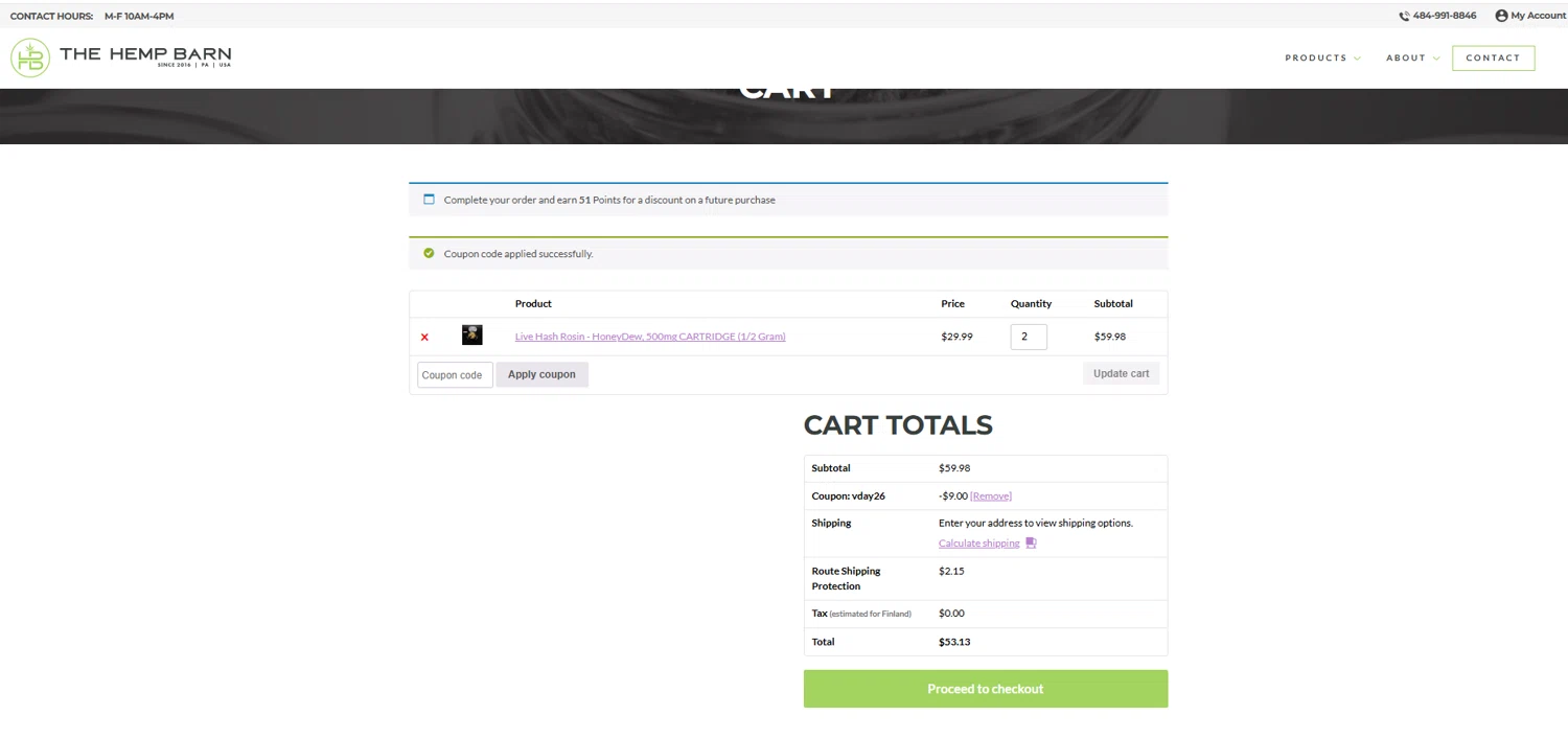The Hemp Barn discount code screenshot showing code VDAY26 applied at The Hemp Barn checkout page. Uploaded by SimplyCodes community member reggiesmith on Feb 13, 2026