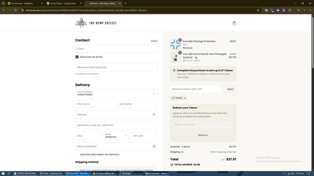 The Hemp Collect checkout page showing The Hemp Collect discount code box | Screenshot taken by SimplyCodes community member on Sep 3, 2025