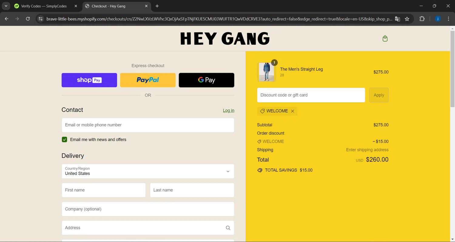HEY GANG checkout page showing HEY GANG discount code box | Screenshot taken by SimplyCodes community member on Jun 7, 2024
