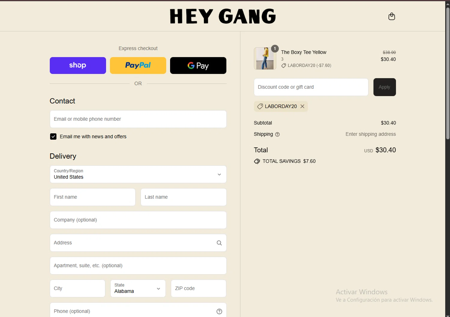 HEY GANG discount code screenshot showing code LABORDAY20 applied at HEY GANG checkout page. Uploaded by SimplyCodes community member WonderVirtuoso3484 on Aug 29, 2025