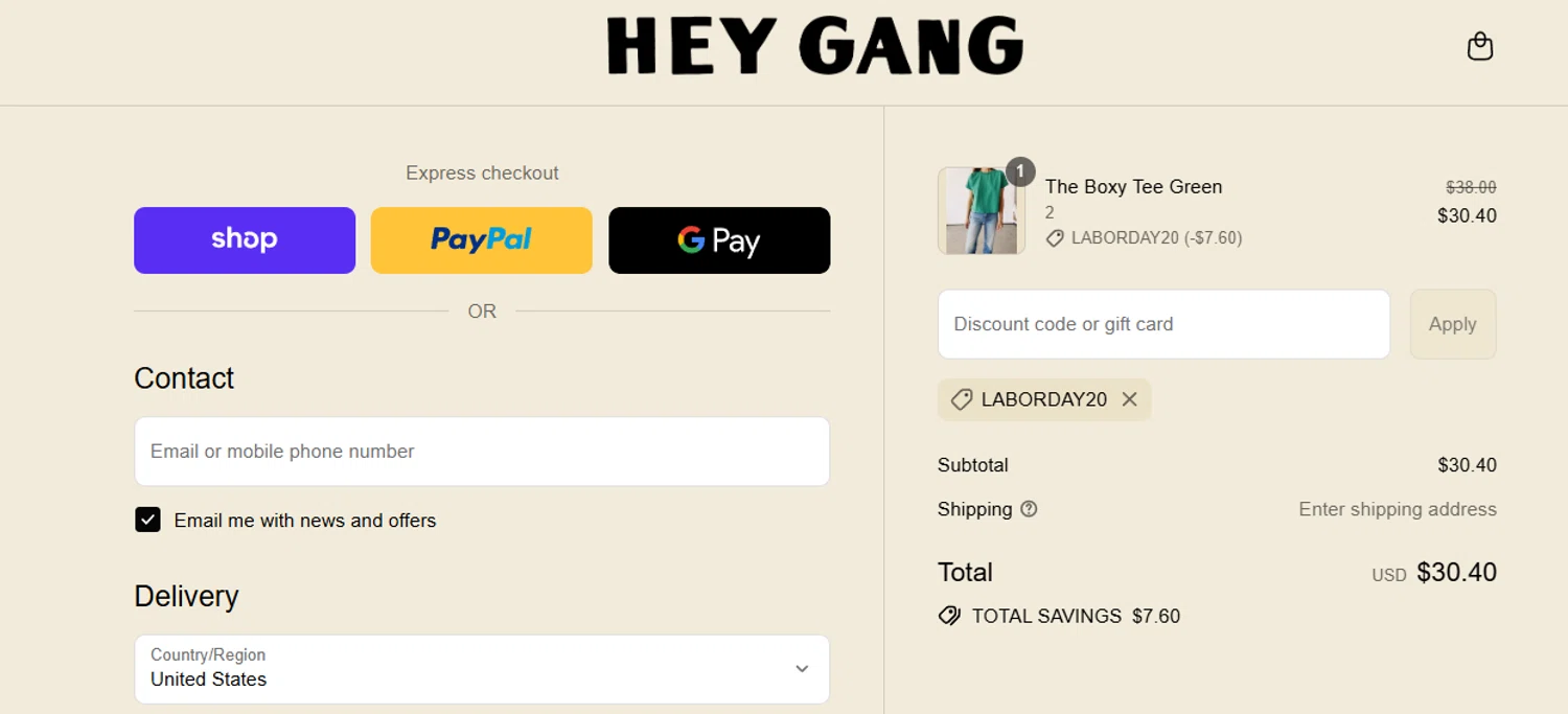 HEY GANG discount code screenshot showing code LABORDAY20 applied at HEY GANG checkout page. Uploaded by SimplyCodes community member jesspea on Aug 29, 2025