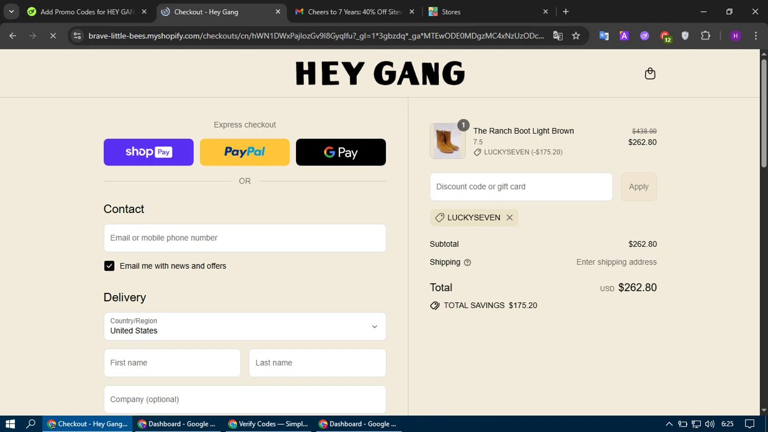 HEY GANG discount code screenshot showing code luckyseven applied at HEY GANG checkout page. Uploaded by SimplyCodes community member tumiedo on Jul 30, 2025