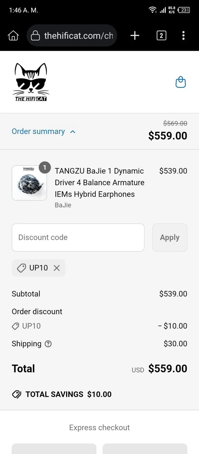 The HiFi Cat discount code screenshot showing code UP10 applied at The HiFi Cat checkout page. Uploaded by SimplyCodes community member MightyOwl7578 on Jun 23, 2025