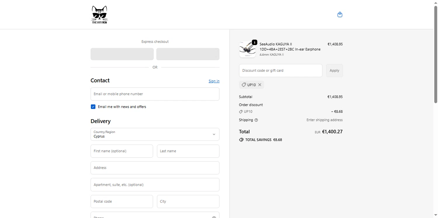 The HiFi Cat discount code screenshot showing code UP10 applied at The HiFi Cat checkout page. Uploaded by SimplyCodes community member the_loose_cannon on Sep 21, 2025