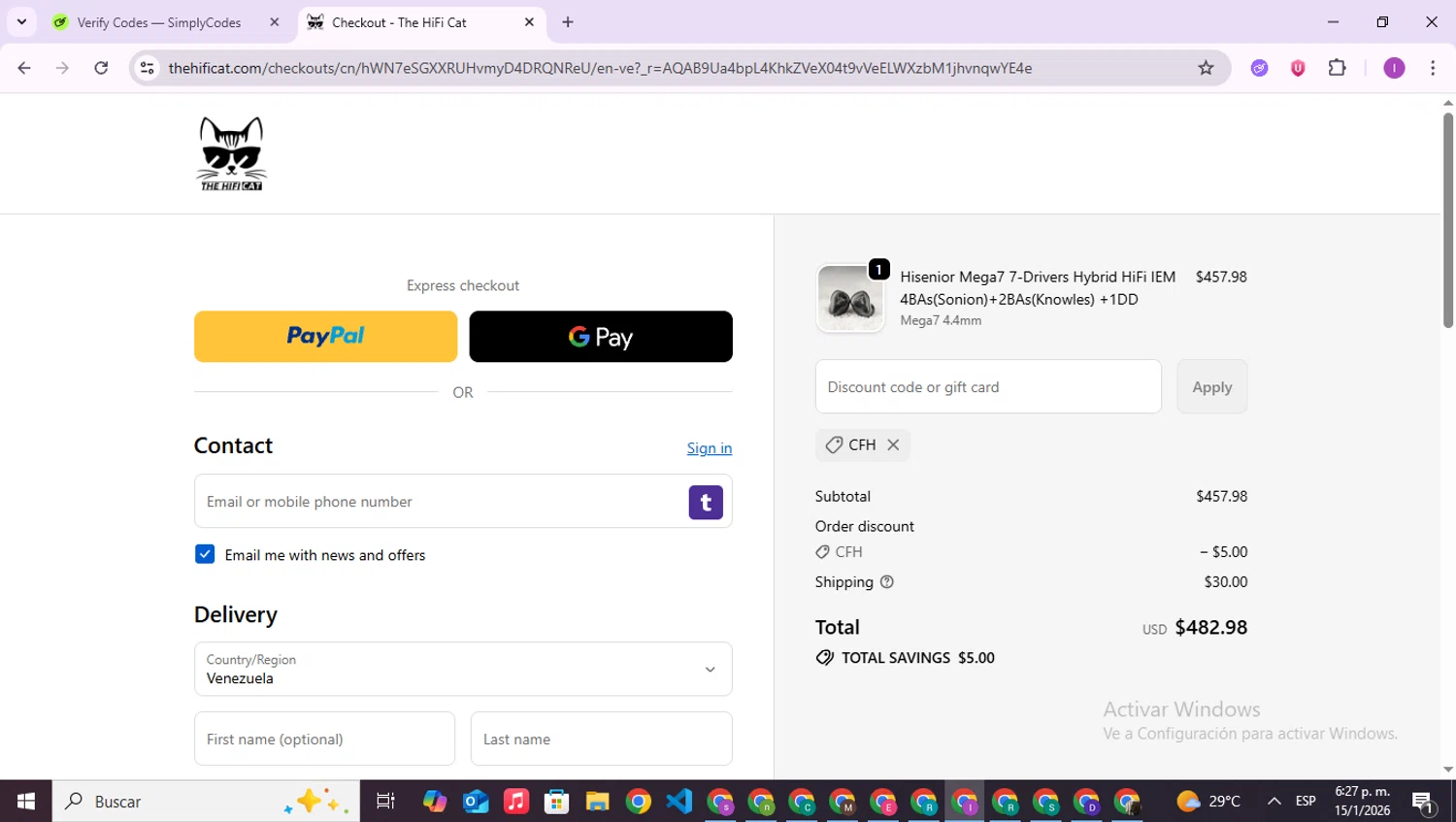 The HiFi Cat discount code screenshot showing code CFH applied at The HiFi Cat checkout page. Uploaded by SimplyCodes community member RebateAce6764 on Jan 15, 2026