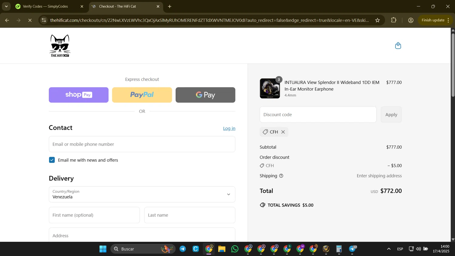 The HiFi Cat discount code screenshot showing code CFH applied at The HiFi Cat checkout page. Uploaded by SimplyCodes community member CleverLion9708 on Apr 17, 2025