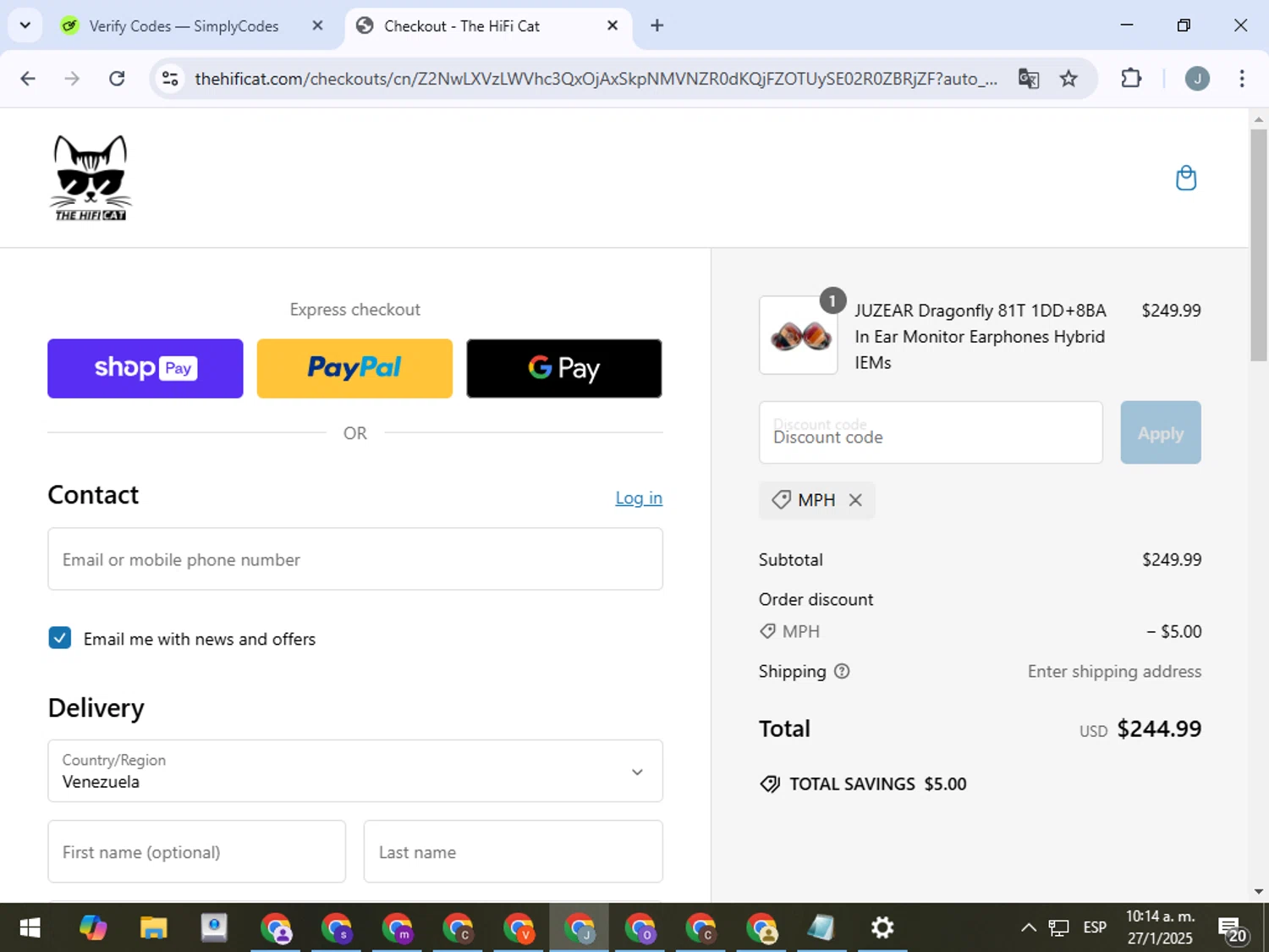 The HiFi Cat discount code screenshot showing code MPH applied at The HiFi Cat checkout page. Uploaded by SimplyCodes community member ValueTracker8384 on Jan 27, 2025
