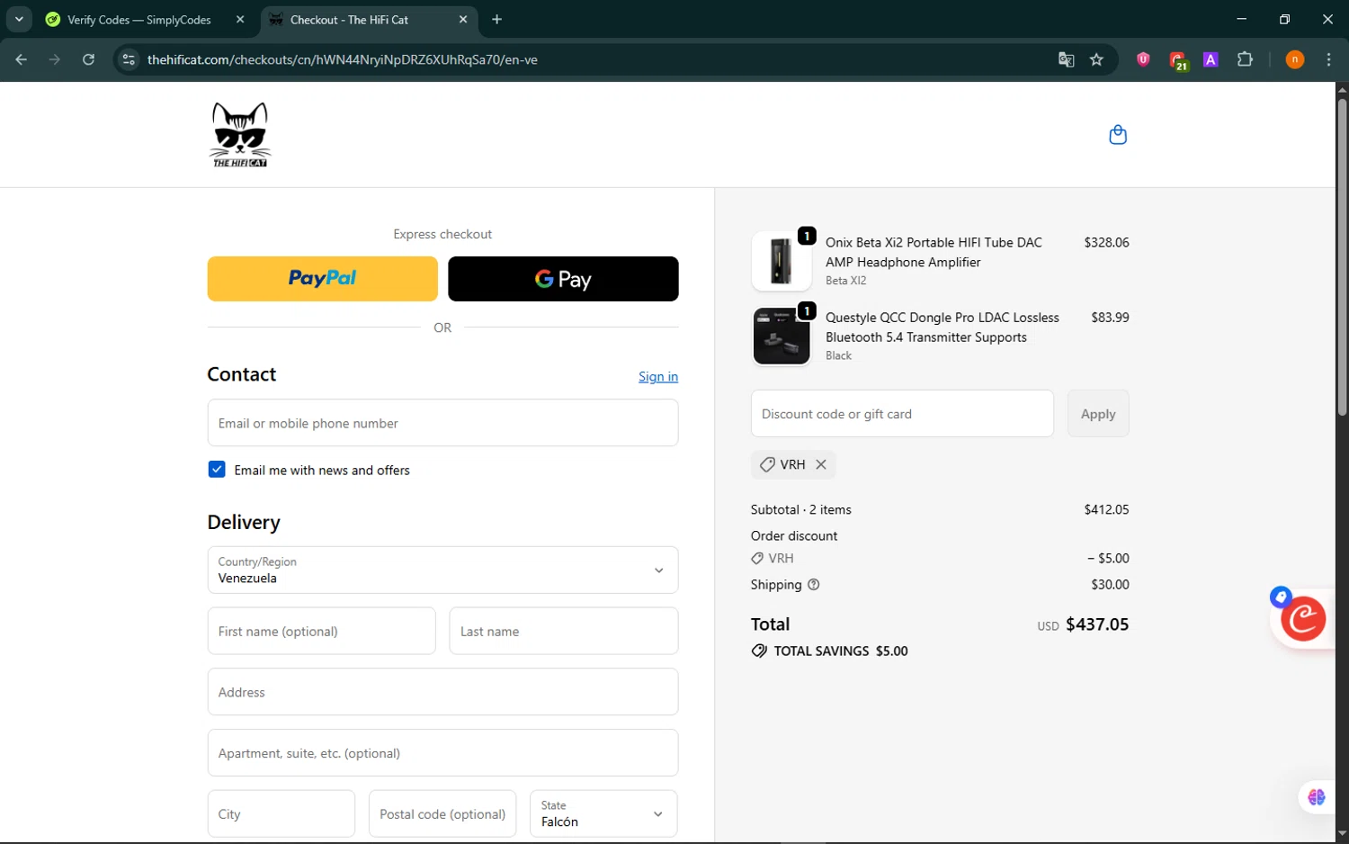 The HiFi Cat discount code screenshot showing code VRH applied at The HiFi Cat checkout page. Uploaded by SimplyCodes community member NobleScholar188 on Oct 13, 2025