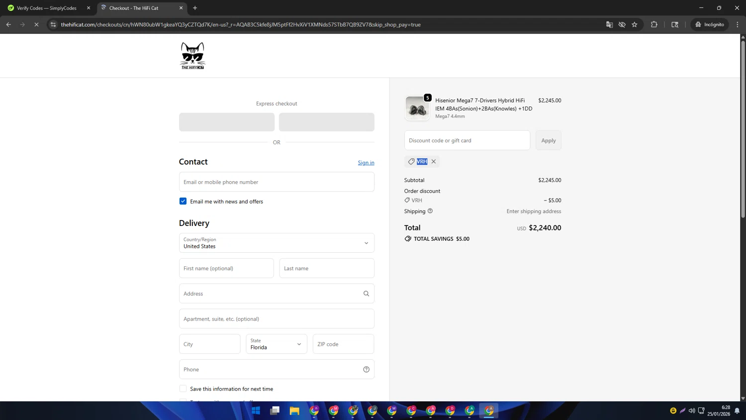 The HiFi Cat discount code screenshot showing code VRH applied at The HiFi Cat checkout page. Uploaded by SimplyCodes community member SwiftSage2309 on Jan 25, 2026
