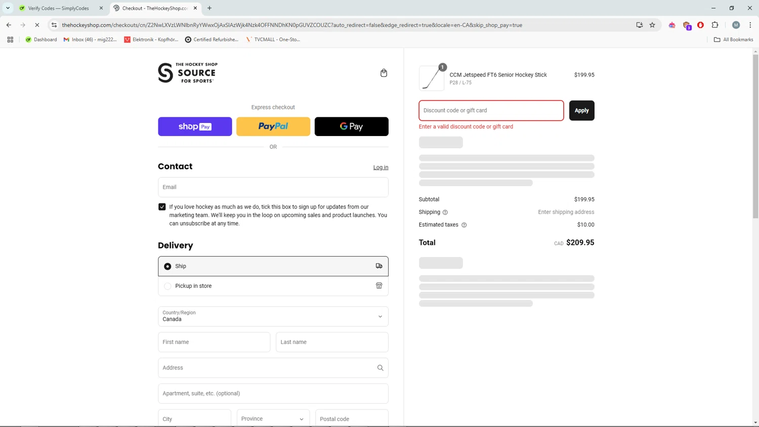 The Hockey Shop promo code screenshot showing code 15OFF applied at The Hockey Shop checkout page. Uploaded by SimplyCodes community member QuestLegend8027 on Mar 12, 2025