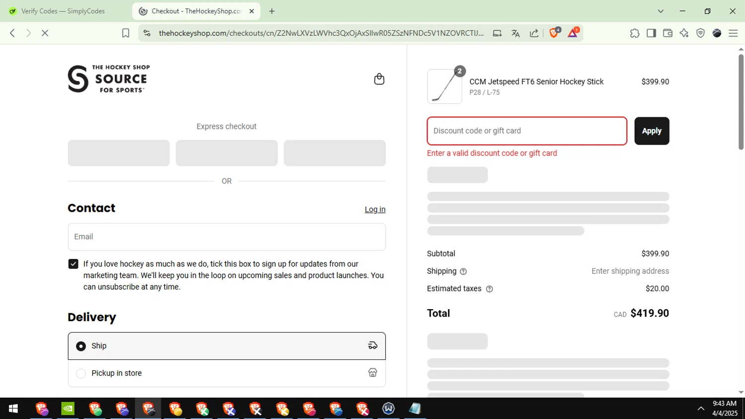 The Hockey Shop promo code screenshot showing code 15OFF applied at The Hockey Shop checkout page. Uploaded by SimplyCodes community member EpicTiger6039 on Apr 4, 2025