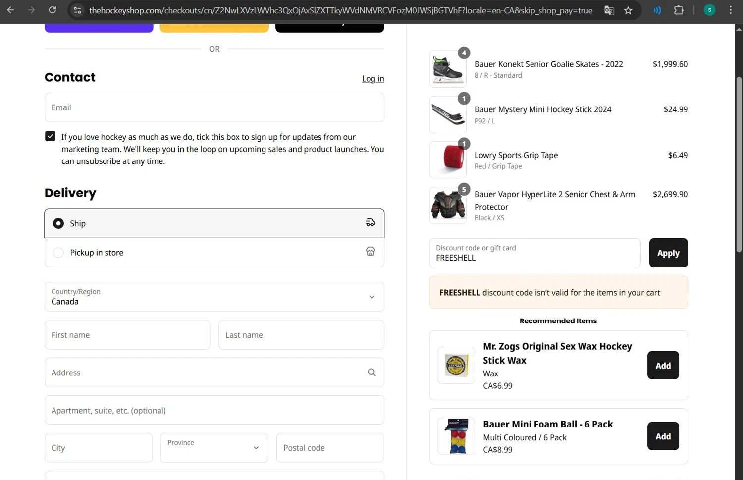 The Hockey Shop promo code screenshot showing code FREESHELL applied at The Hockey Shop checkout page. Uploaded by SimplyCodes community member lizimerz on May 22, 2025
