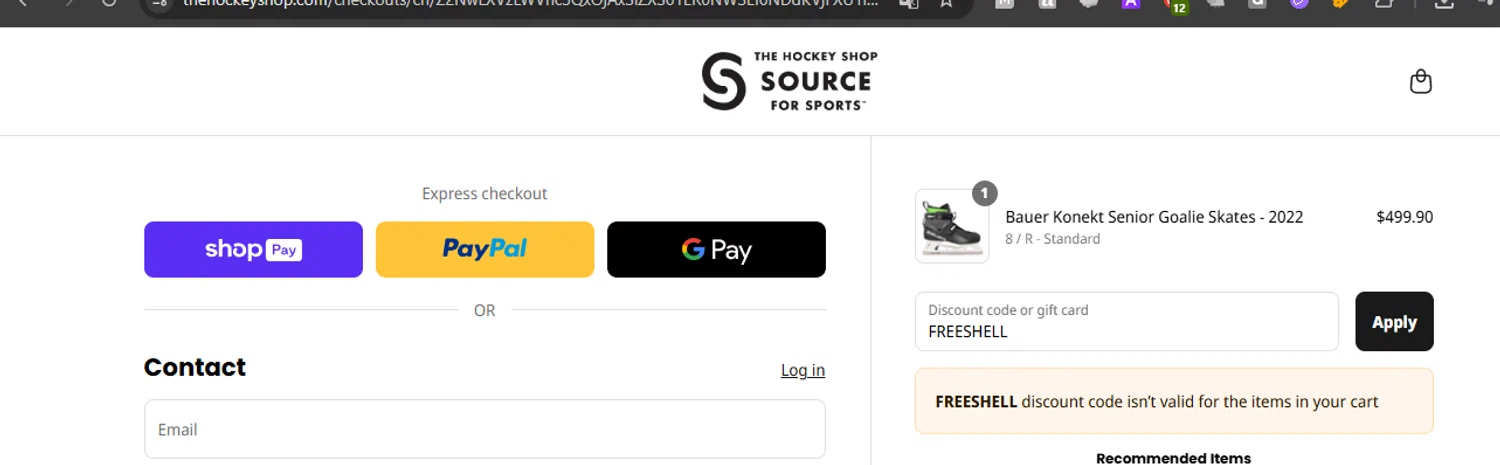 The Hockey Shop promo code screenshot showing code FREESHELL applied at The Hockey Shop checkout page. Uploaded by SimplyCodes community member ashe1986 on May 22, 2025