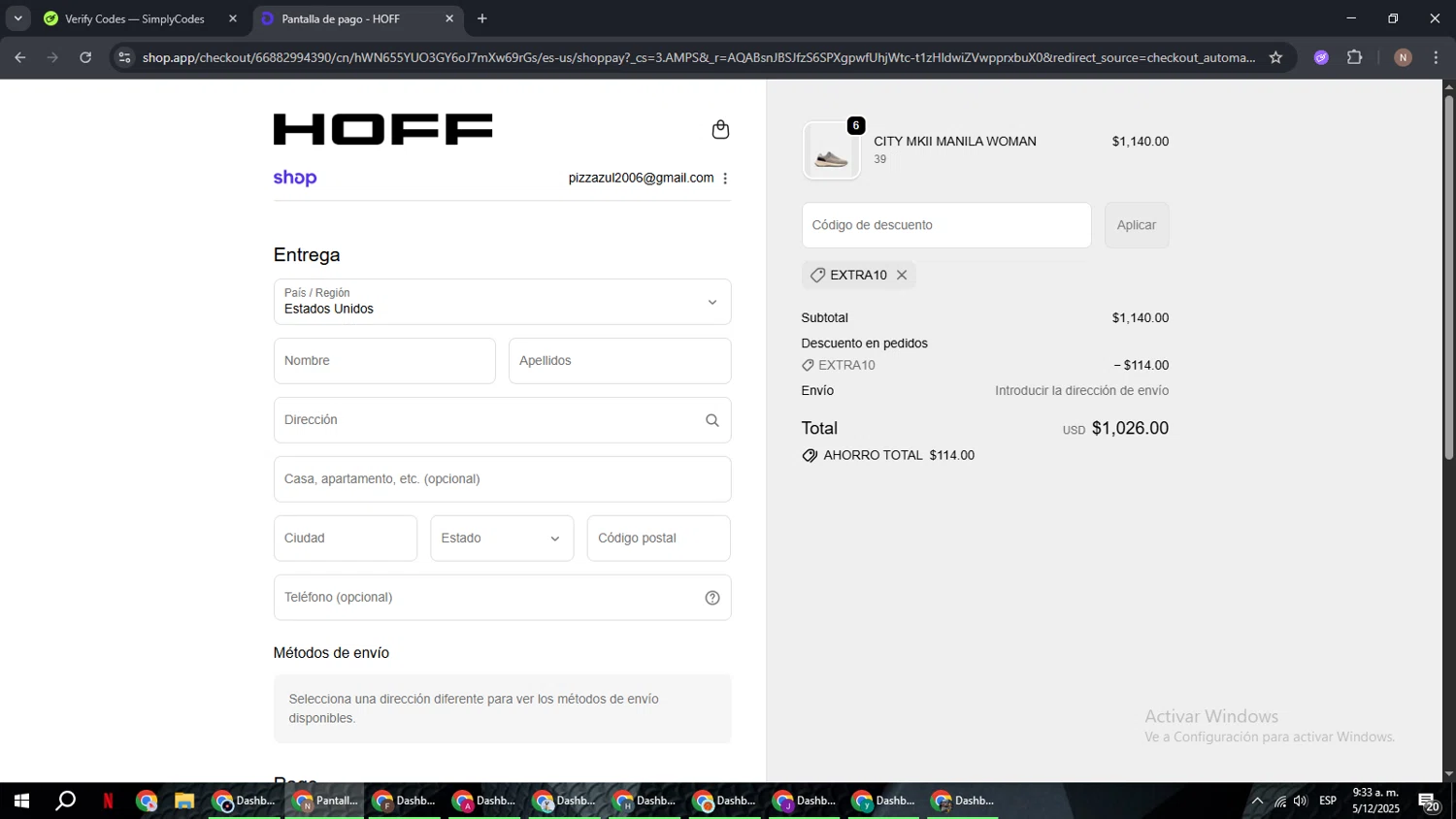 HOFF discount code screenshot showing code EXTRA10 applied at HOFF checkout page. Uploaded by SimplyCodes community member DiscountPioneer2554 on Dec 5, 2025