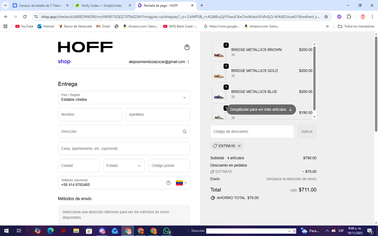 HOFF discount code screenshot showing code EXTRA10 applied at HOFF checkout page. Uploaded by SimplyCodes community member WiseScholar9036 on Nov 19, 2025
