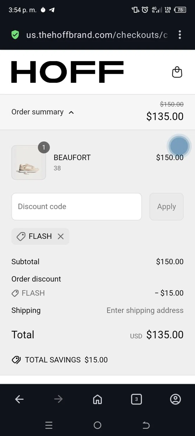 HOFF discount code screenshot showing code FLASH applied at HOFF checkout page. Uploaded by SimplyCodes community member ANABEL on May 14, 2025