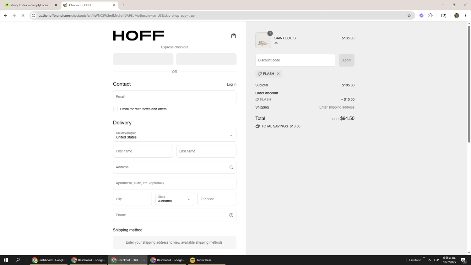 HOFF discount code screenshot showing code FLASH applied at HOFF checkout page. Uploaded by SimplyCodes community member Phoenix585 on Jul 10, 2025