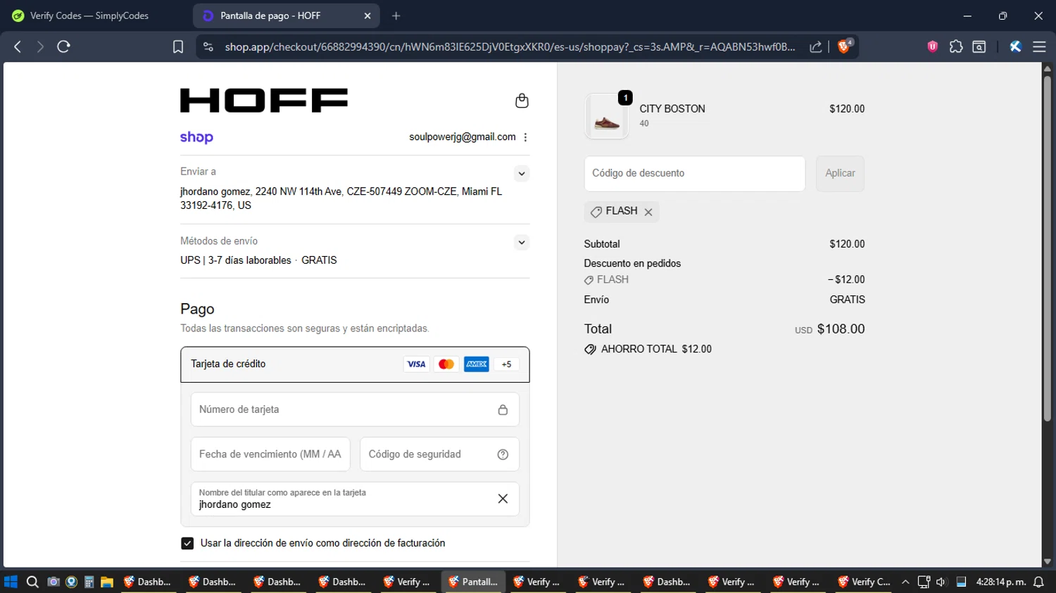 HOFF discount code screenshot showing code FLASH applied at HOFF checkout page. Uploaded by SimplyCodes community member TreasureExpert3303 on Dec 23, 2025