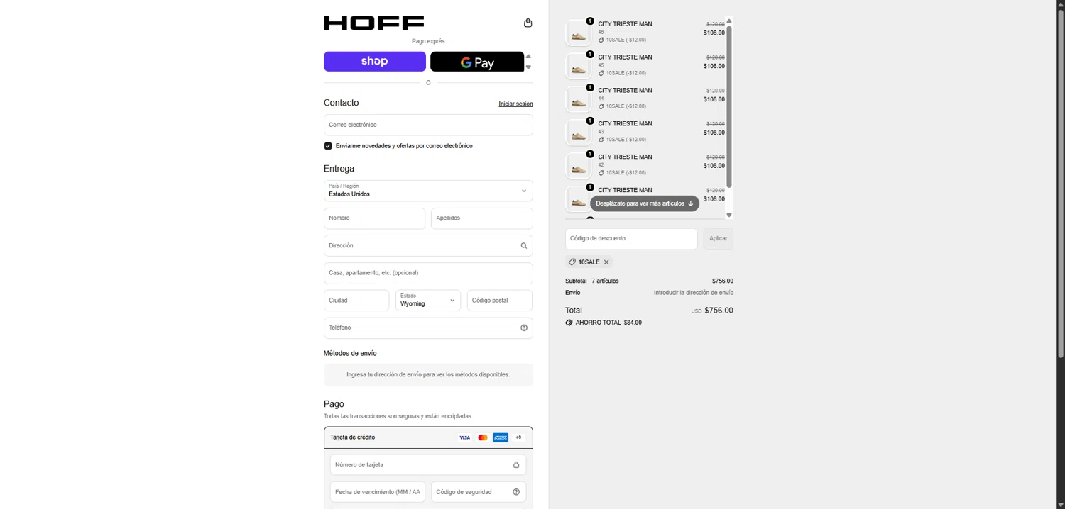 HOFF discount code screenshot showing code 10SALE applied at HOFF checkout page. Uploaded by SimplyCodes community member SwiftHunter5737 on Feb 8, 2026