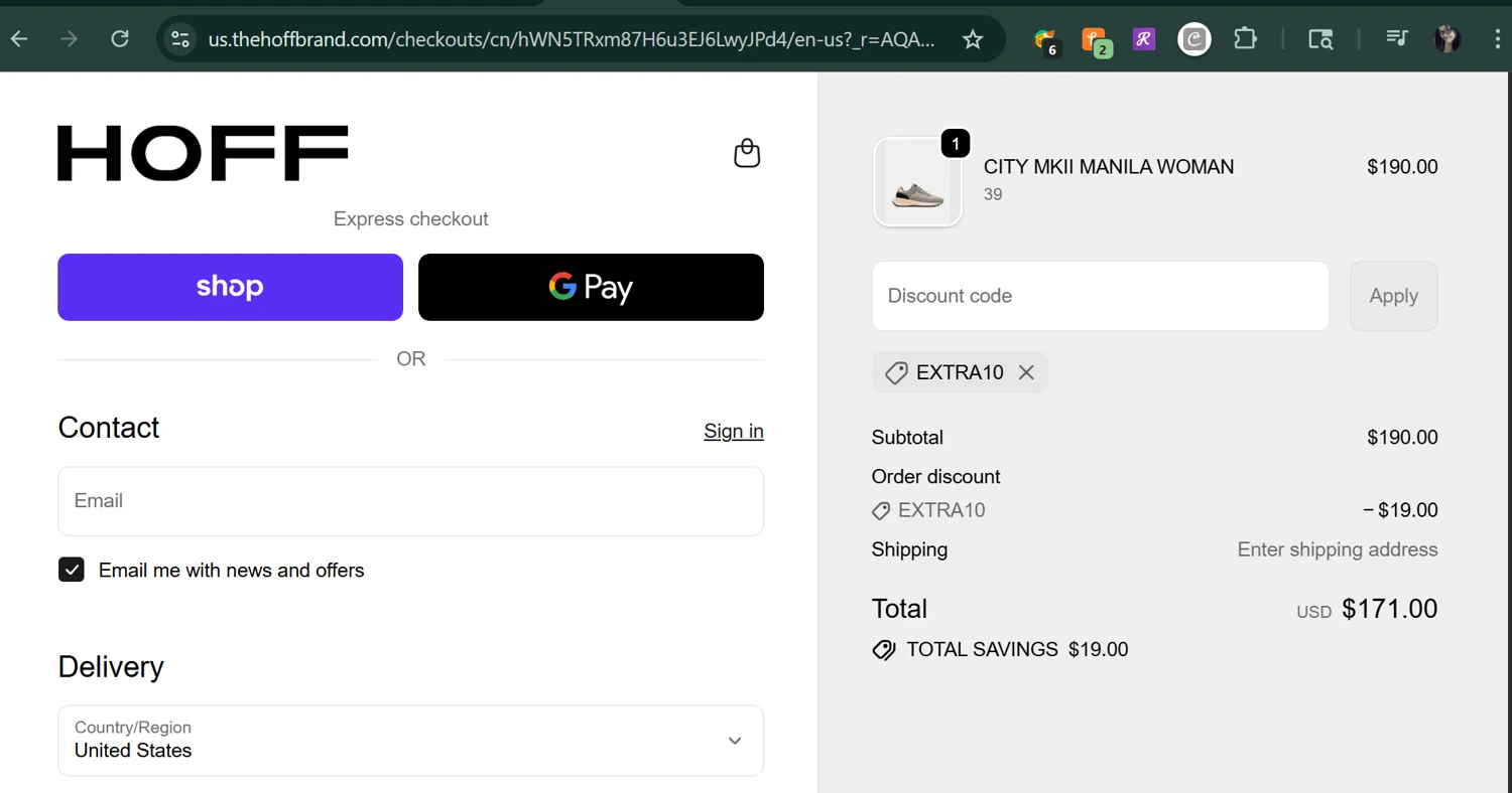 HOFF discount code screenshot showing code extra10 applied at HOFF checkout page. Uploaded by SimplyCodes community member MarUmi on Nov 19, 2025