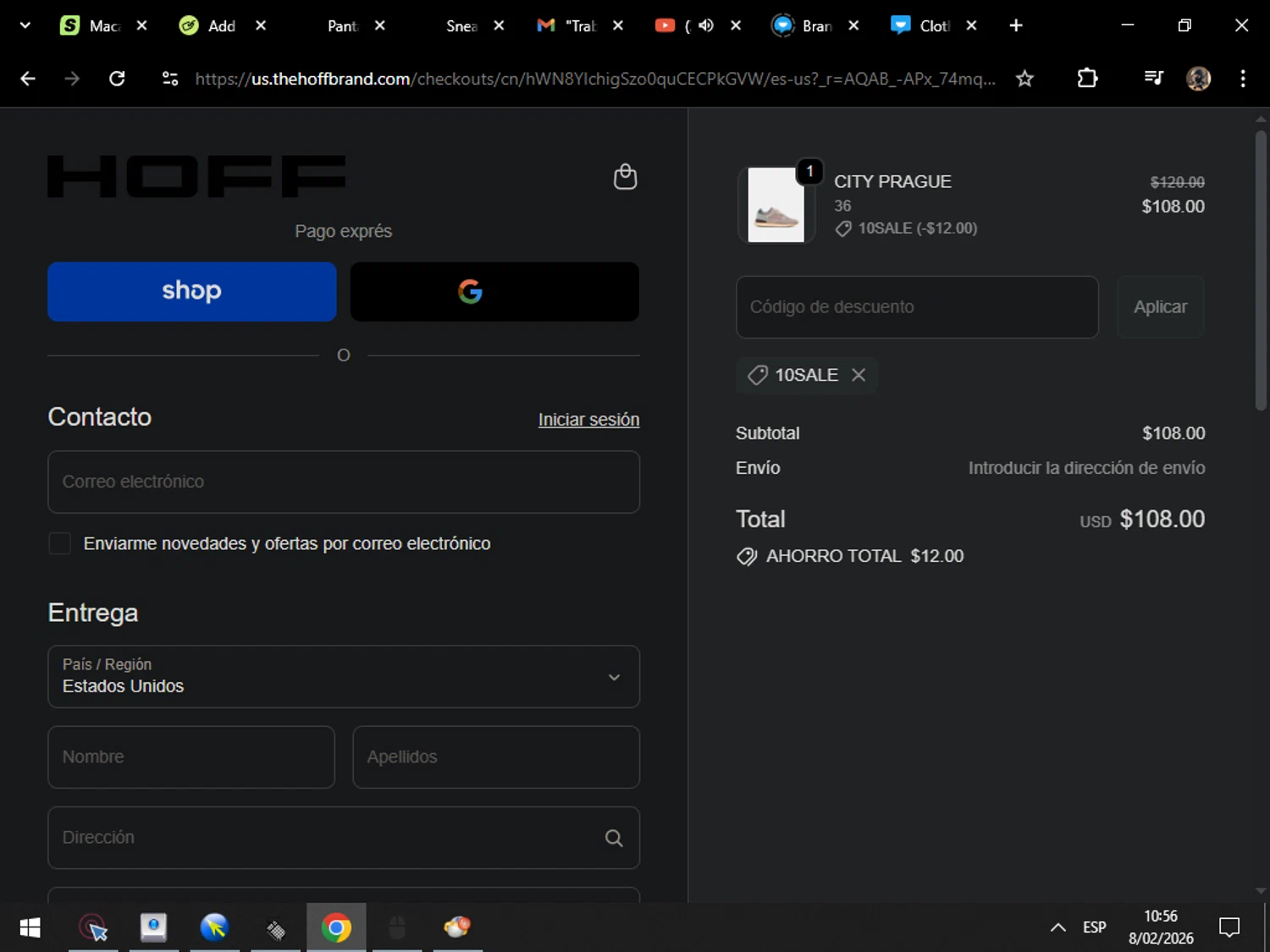 HOFF discount code screenshot showing code 10SALE applied at HOFF checkout page. Uploaded by SimplyCodes community member MarcosAranguren on Feb 8, 2026