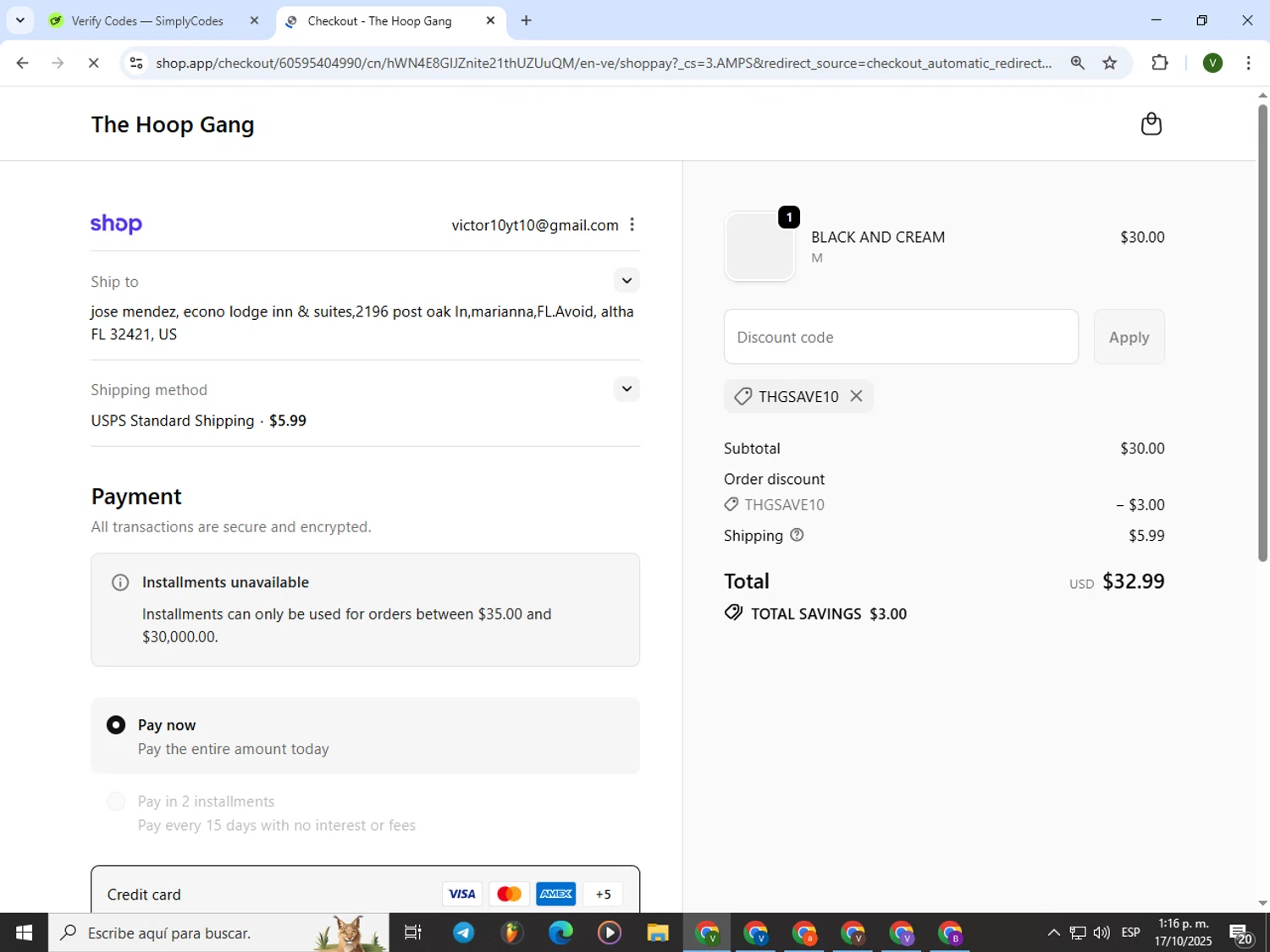 The Hoop Gang discount code screenshot showing code THGSAVE10 applied at The Hoop Gang checkout page. Uploaded by SimplyCodes community member PrimeWizard4168 on Oct 17, 2025