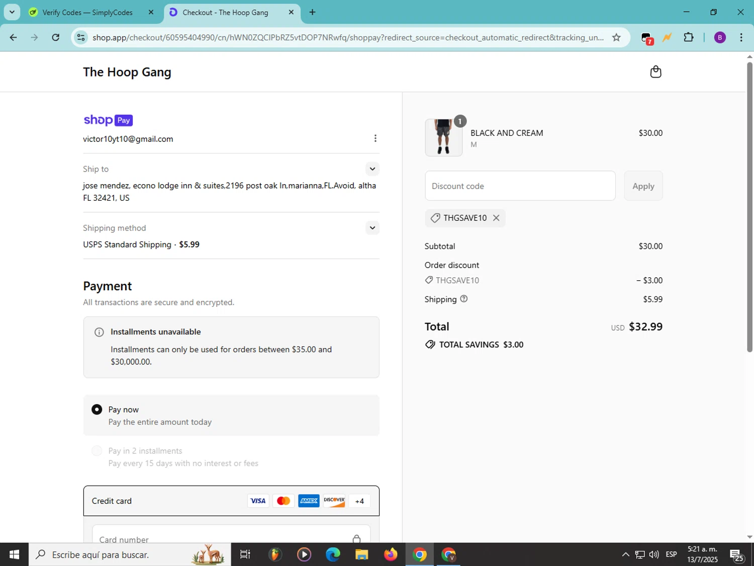 The Hoop Gang discount code screenshot showing code THGSAVE10 applied at The Hoop Gang checkout page. Uploaded by SimplyCodes community member Soyvictor on Jul 13, 2025