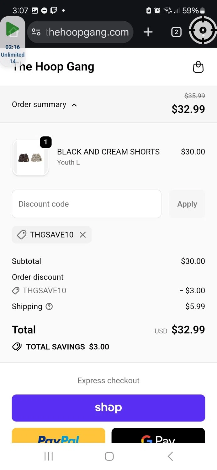 The Hoop Gang discount code screenshot showing code THGSAVE10 applied at The Hoop Gang checkout page. Uploaded by SimplyCodes community member ThriftyWarden2534 on Nov 18, 2025