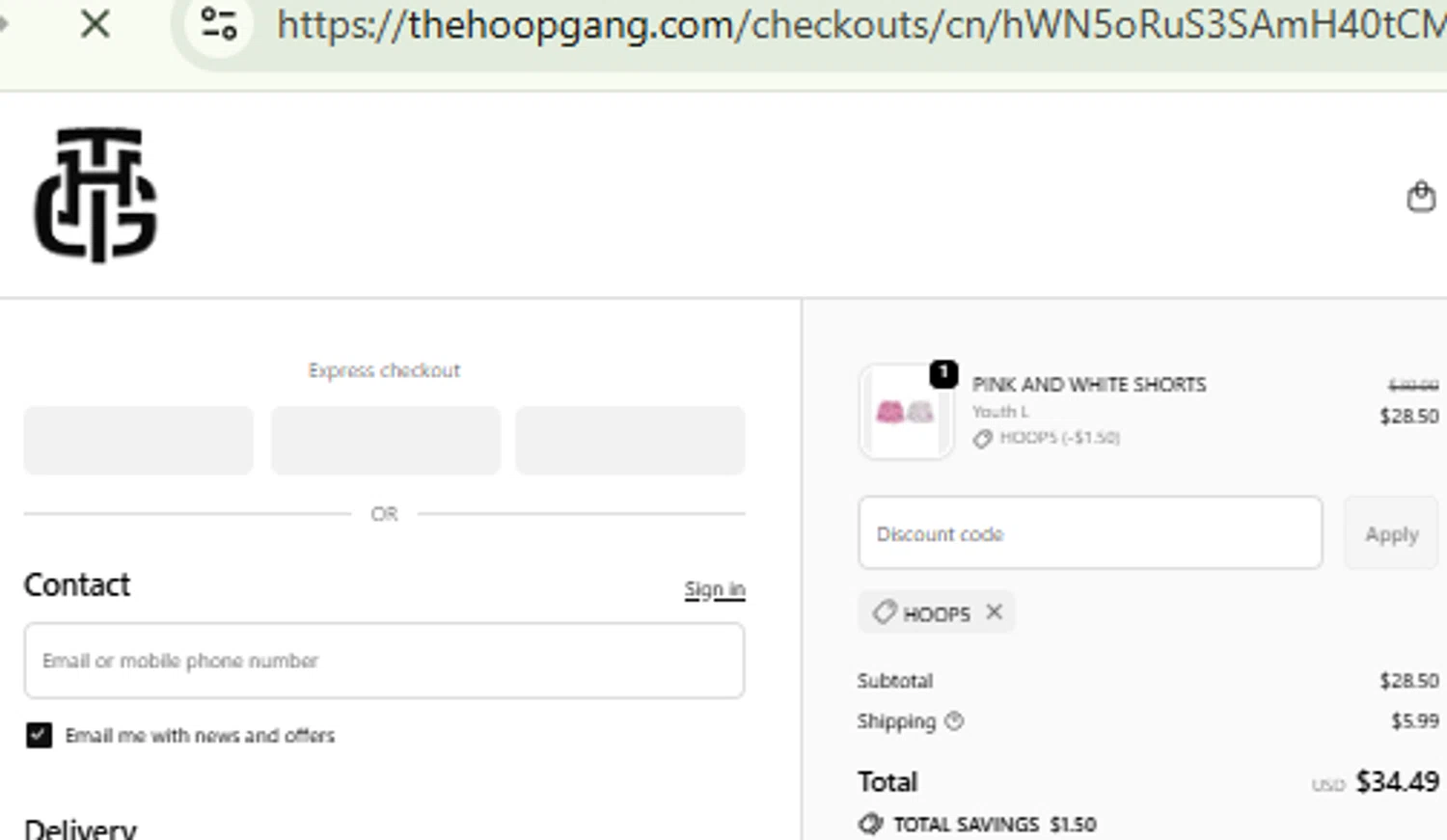 The Hoop Gang discount code screenshot showing code hoop5 applied at The Hoop Gang checkout page. Uploaded by SimplyCodes community member RewardFinder4836 on Nov 28, 2025