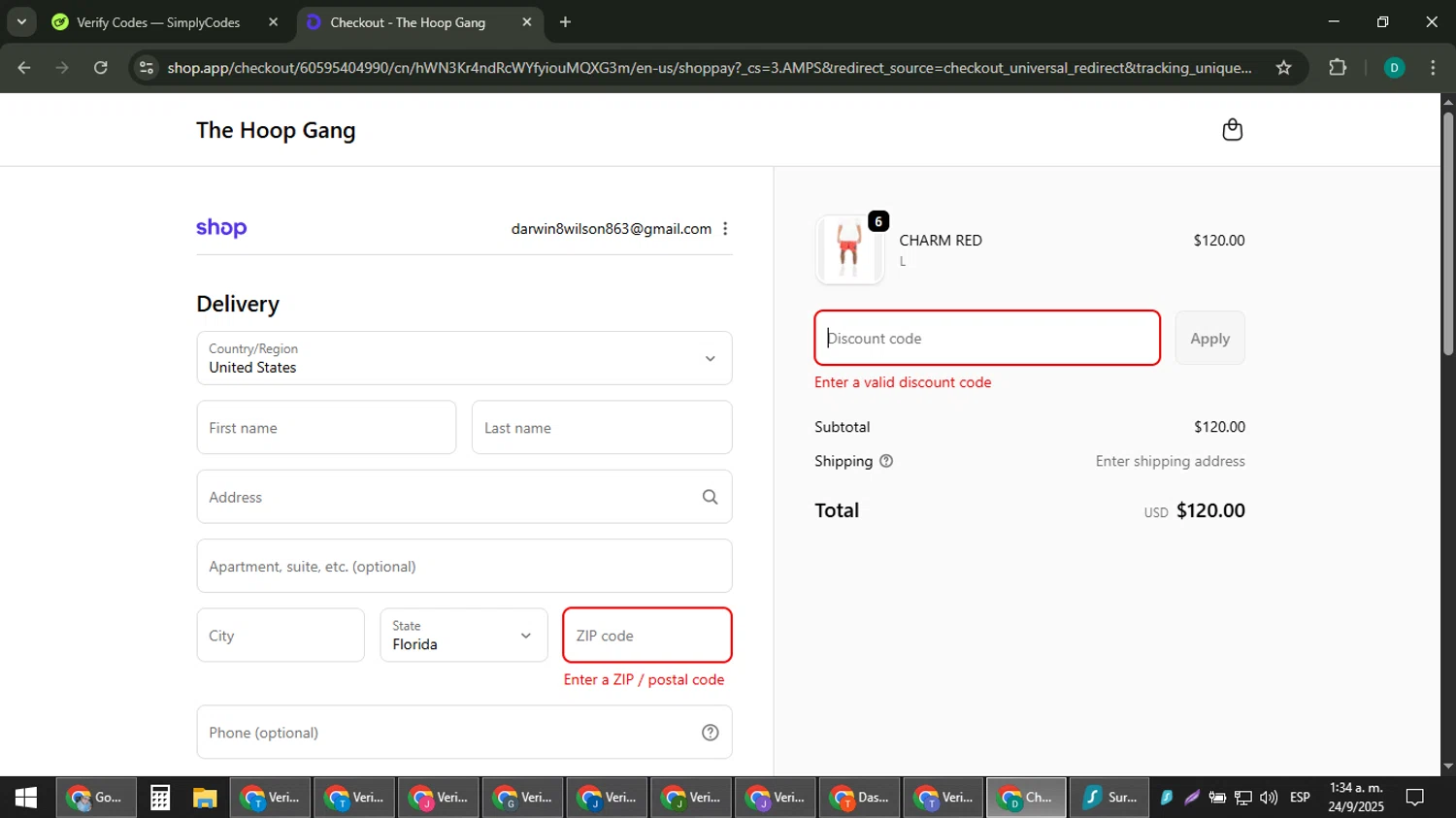 The Hoop Gang discount code screenshot showing code THROWBACK5 applied at The Hoop Gang checkout page. Uploaded by SimplyCodes community member ThriftyLion6776 on Sep 24, 2025