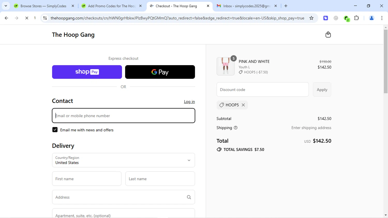 The Hoop Gang discount code screenshot showing code hoop5 applied at The Hoop Gang checkout page. Uploaded by SimplyCodes community member Dizlike on Jul 16, 2025