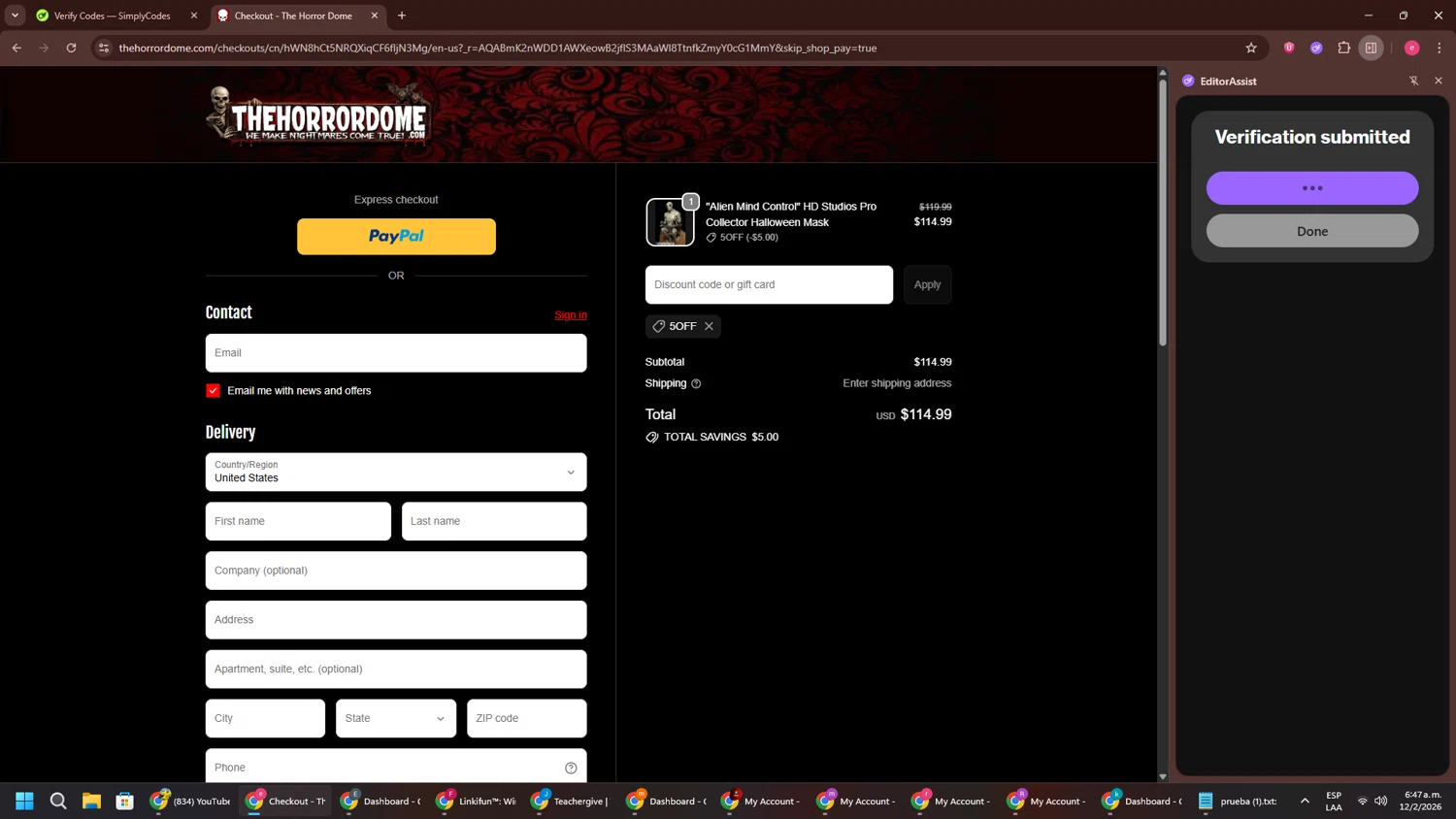 The Horror Dome promo code screenshot showing code 5OFF applied at The Horror Dome checkout page. Uploaded by SimplyCodes community member TreasureWarden457 on Feb 12, 2026