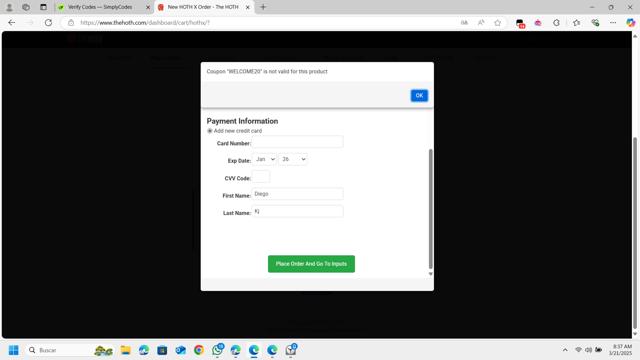 The HOTH checkout page showing The HOTH promo code box | Screenshot taken by SimplyCodes community member on Mar 21, 2025