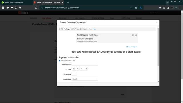 The HOTH checkout page showing The HOTH promo code box | Screenshot taken by SimplyCodes community member on Feb 20, 2025