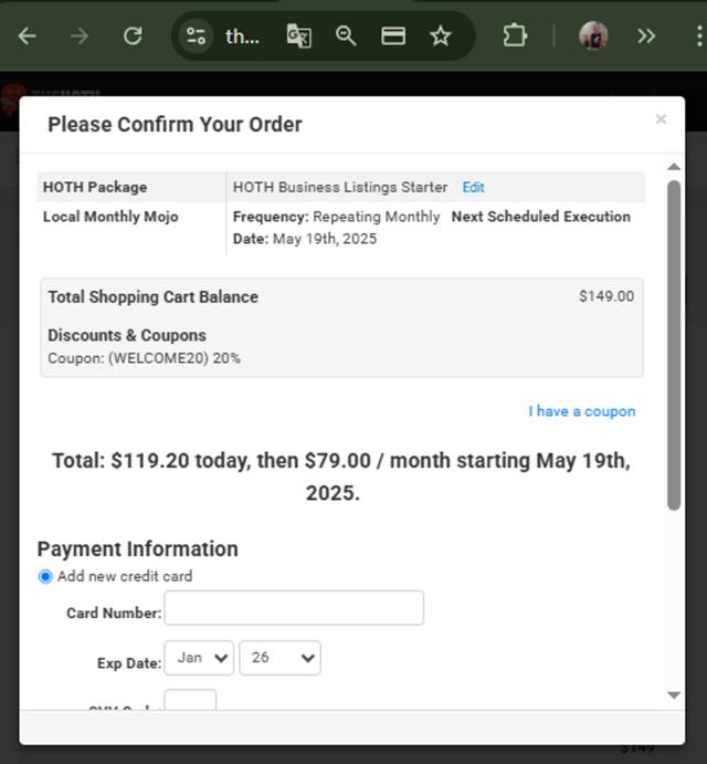 The HOTH checkout page showing The HOTH promo code box | Screenshot taken by SimplyCodes community member on Apr 19, 2025